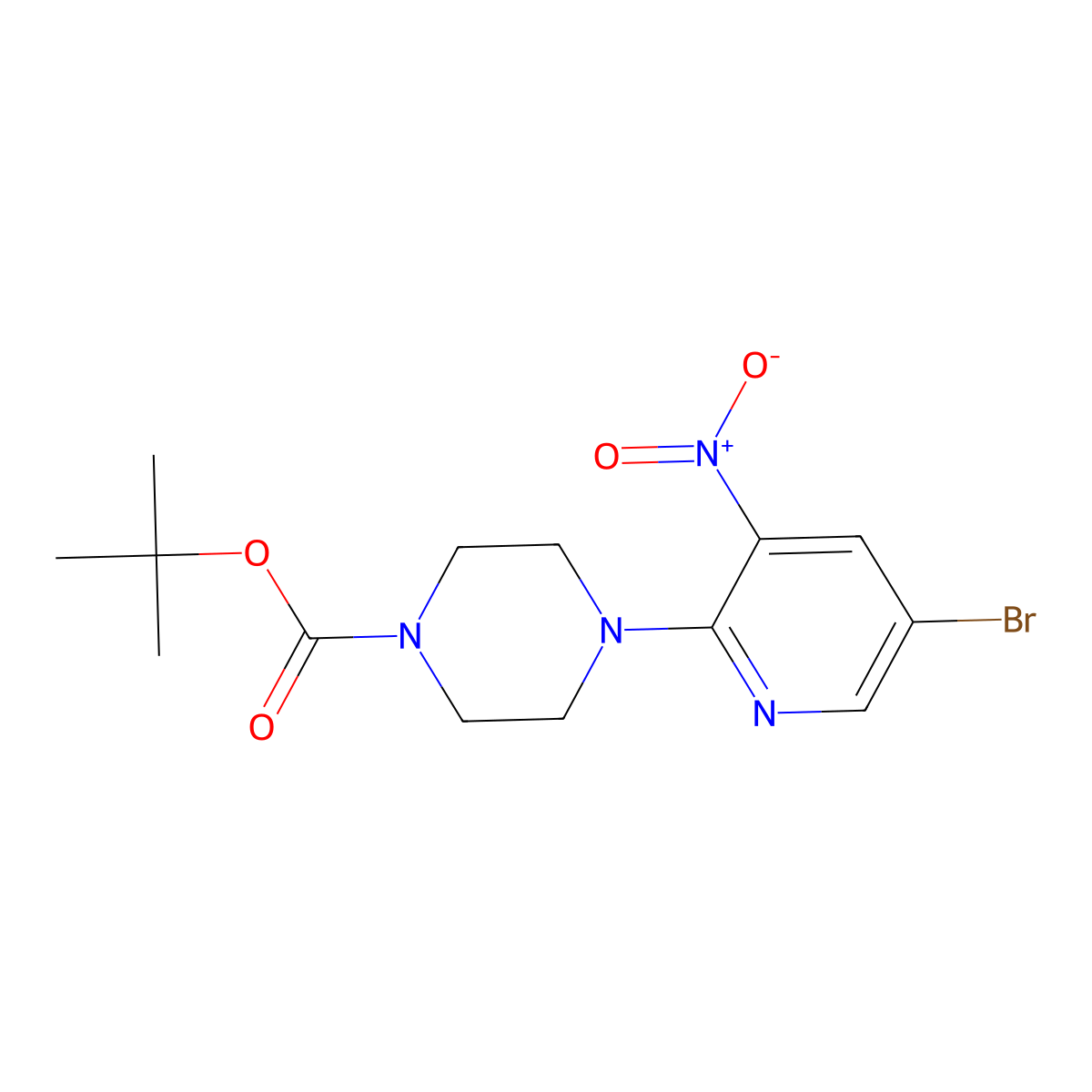 Tert-butyl 4-(5-bromo-3-nitropyridin-2-yl)piperazine-1-carboxylate molecular structure, CAS 1221792-73-9