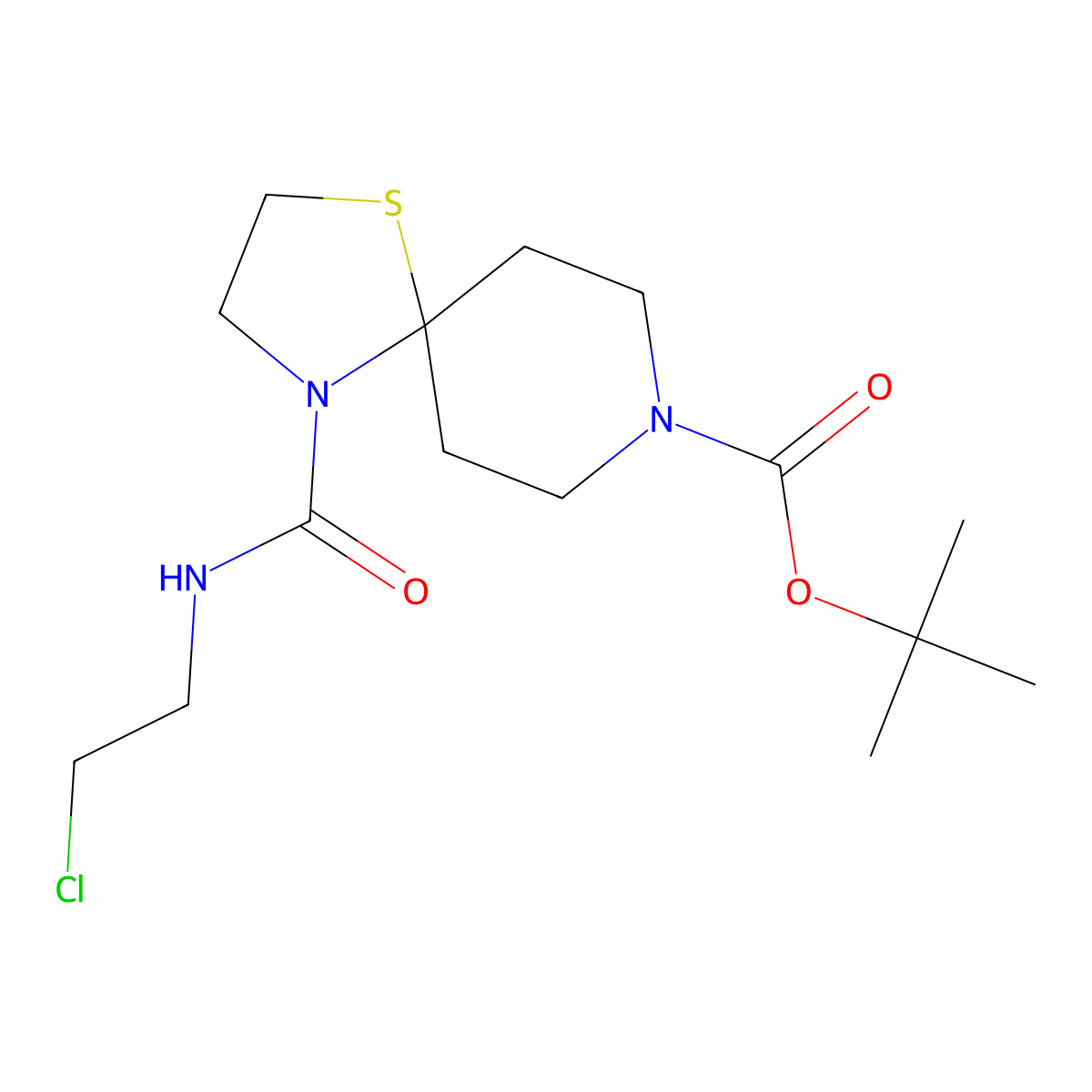 Tert-butyl 4-{[(2-chloroethyl)amino]carbonyl}-1-thia-4,8-diazaspiro[4.5]decane-8-carboxylate molecular structure, CAS 1221792-95-5