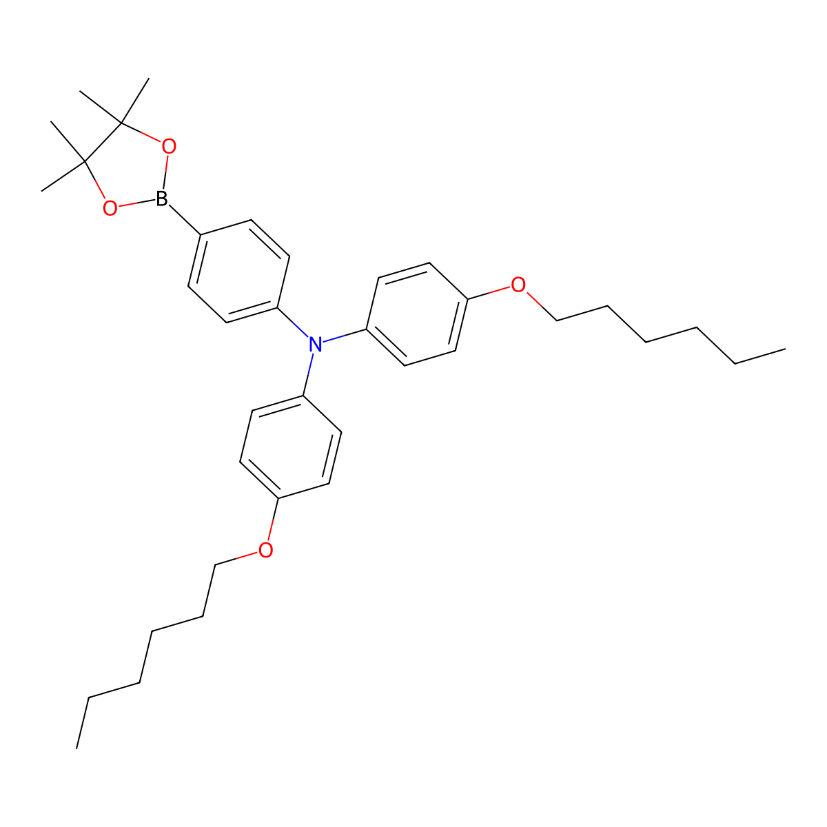 4-(Hexyloxy)-N-(4-(hexyloxy)phenyl)-N-(4-(4,4,5,5-tetramethyl-1,3,2-dioxaborolan-2-yl)phenyl)aniline molecular structure, CAS 1221821-41-5