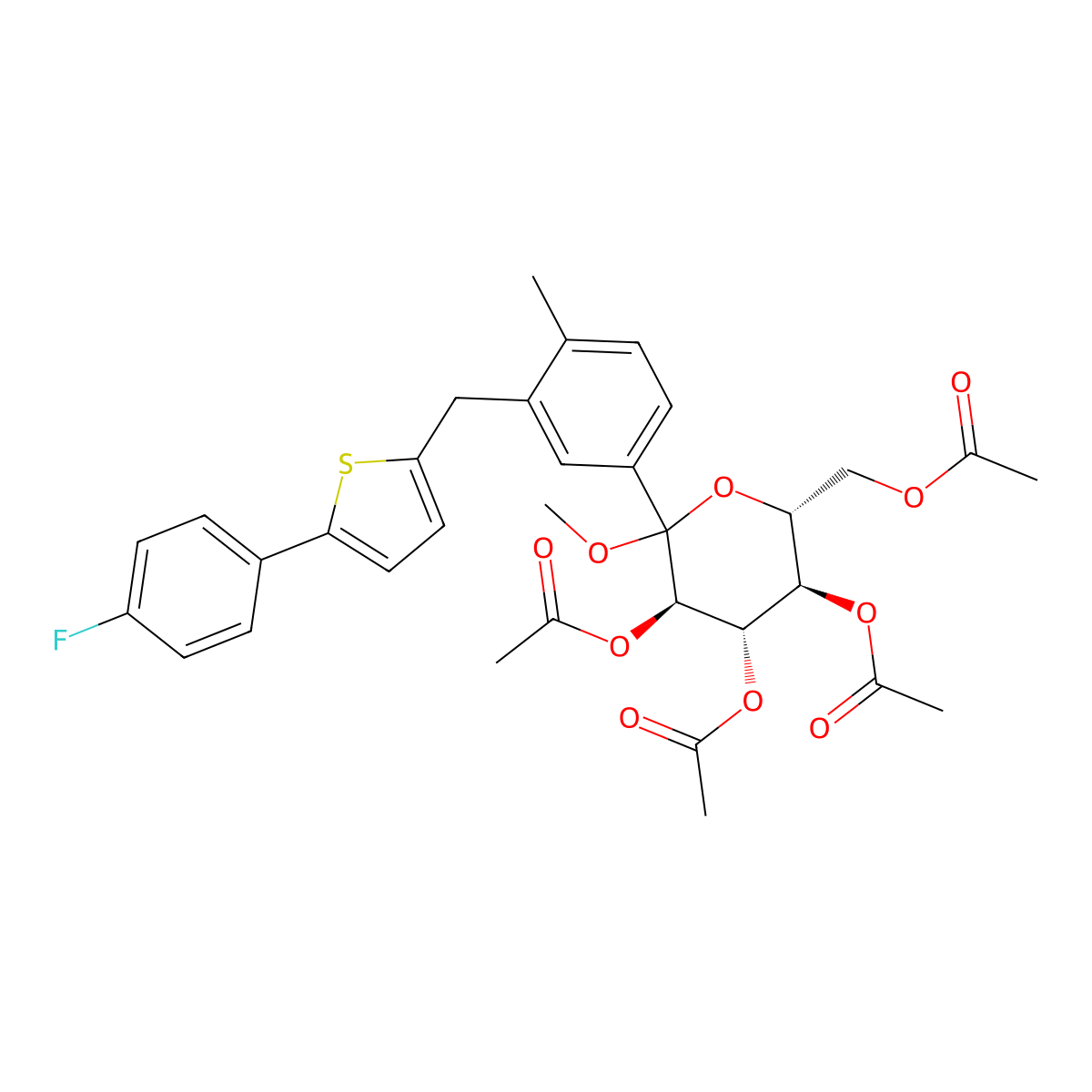 (3R,4S,5R,6R)-6-(acetoxymethyl)-2-(3-((5-(4-fluorophenyl)thiophen-2-yl)methyl)-4-methylphenyl)-2-methoxytetrahydro-2H-pyran-3,4,5-triyl molecular structure, CAS 1222075-02-6