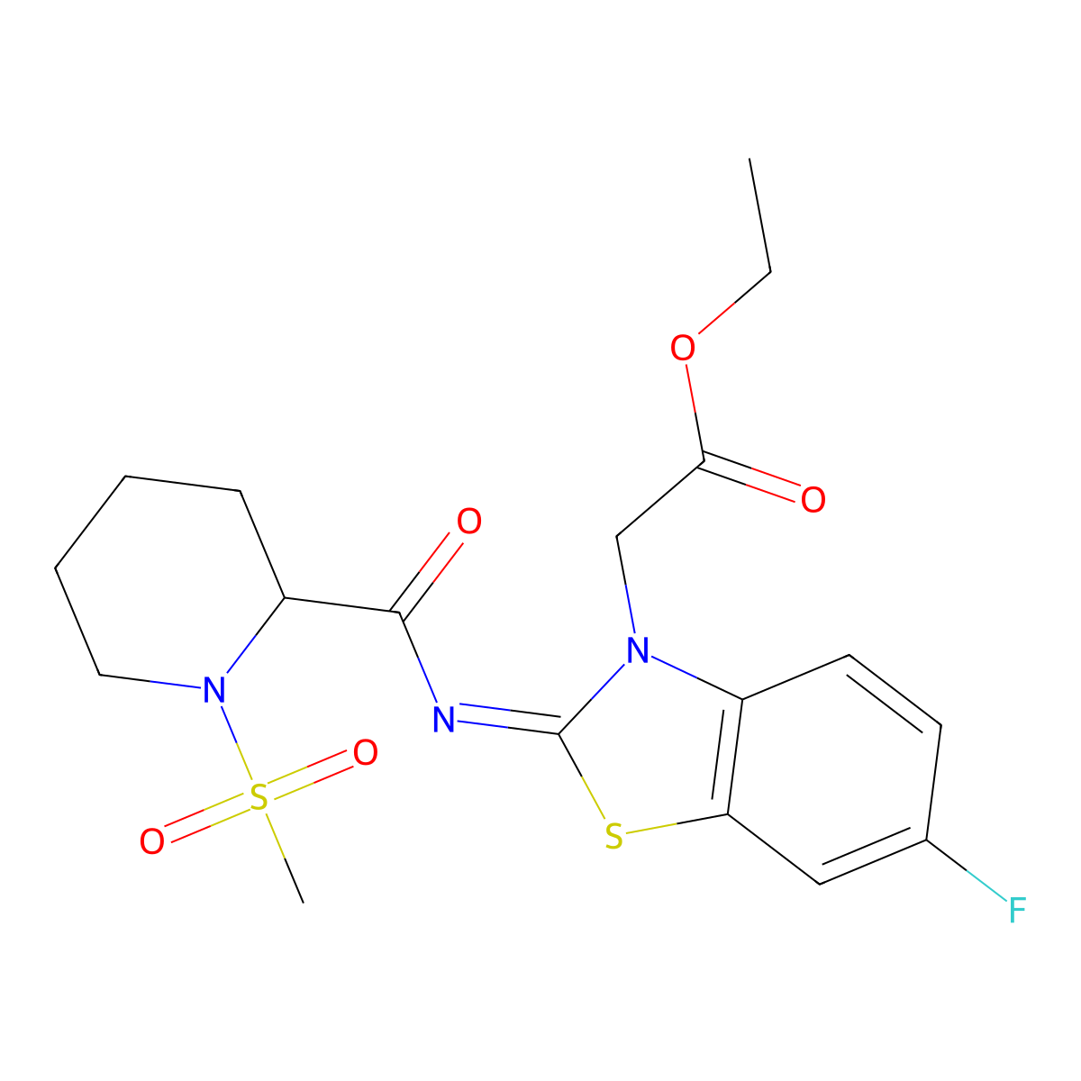 (Z)-ethyl 2-(6-fluoro-2-((1-(methylsulfonyl)piperidine-2-carbonyl)imino)benzo[d]thiazol-3(2H)-yl)acetate molecular structure, CAS 1222093-45-9