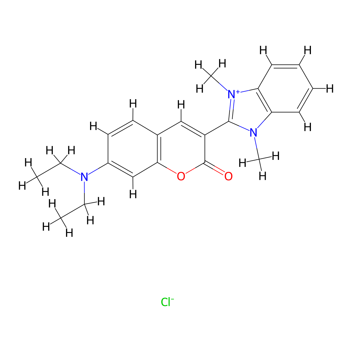 1H-Benzimidazolium, 2-(7-(diethylamino)-2-oxo-2H-1-benzopyran-3-yl)-1,3-dimethyl-, chloride (1:1) molecular structure, CAS 12221-86-2