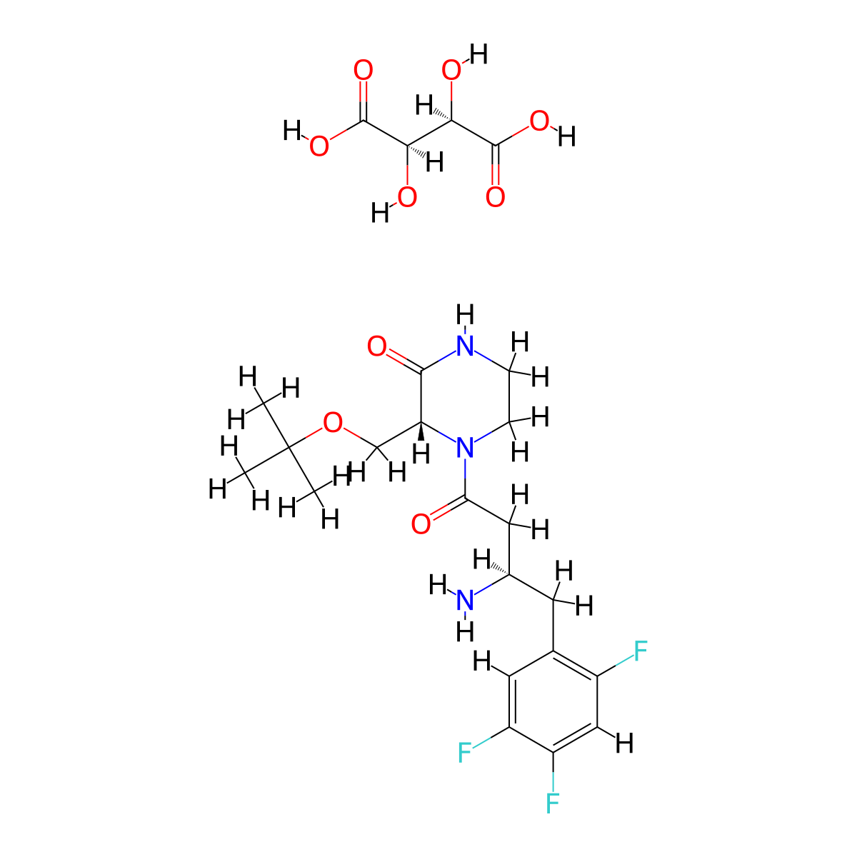 2-Piperazinone, 4-((3R)-3-amino-1-oxo-4-(2,4,5-trifluorophenyl)butyl)-3-((1,1-dimethylethoxy)methyl)-, (3R)-, (2R,3R)-2,3-dihydroxybutanedioate (1:1) molecular structure, CAS 1222102-51-3