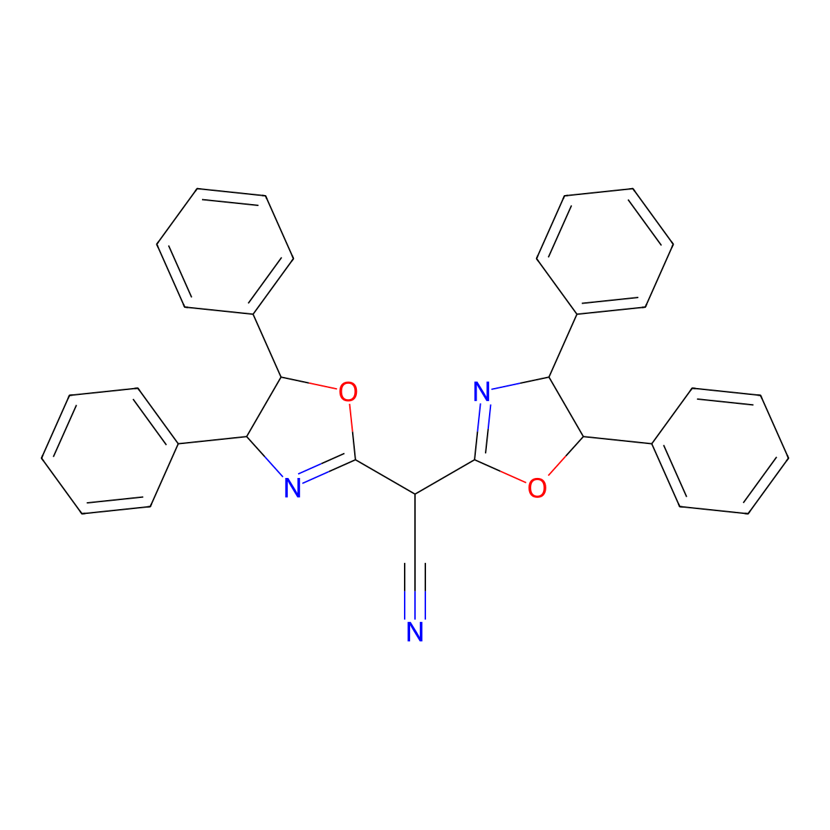 2,2-Bis((4R,5S)-4,5-diphenyl-4,5-dihydrooxazol-2-yl)acetonitrile molecular structure, CAS 1222193-12-5
