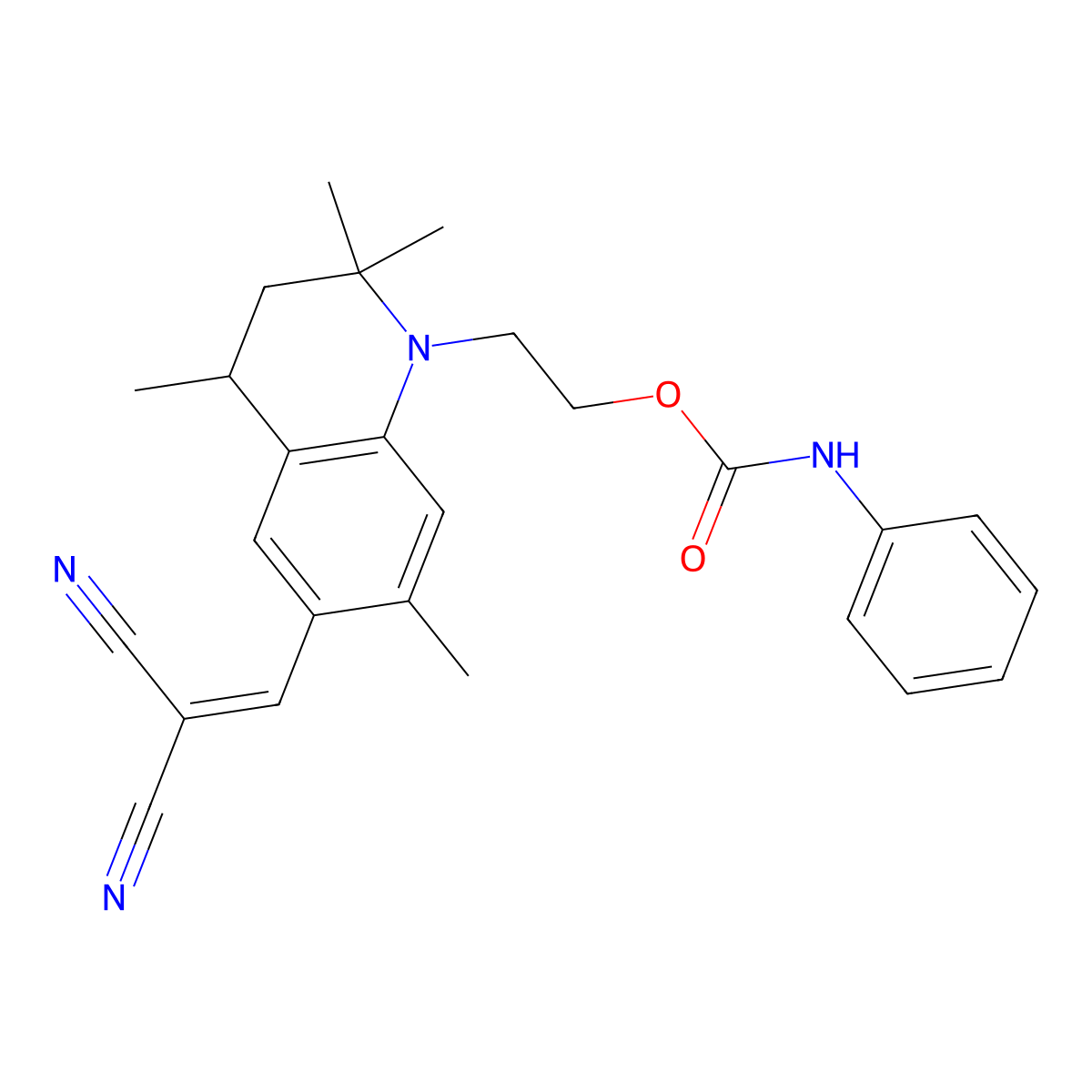 Propanedinitrile, 2-[[1,2,3,4-tetrahydro-2,2,4,7-tetramethyl-1-[2-[[(phenylamino)carbonyl]oxy]ethyl]-6-quinolinyl]methylene]- molecular structure, CAS 12223-99-3
