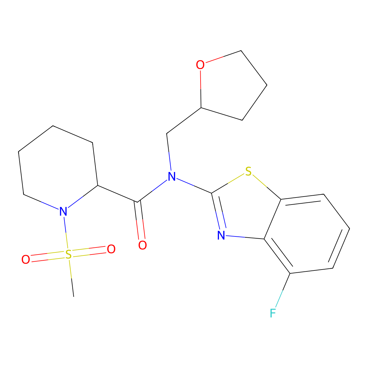 N-(4-fluorobenzo[d]thiazol-2-yl)-1-(methylsulfonyl)-N-((tetrahydrofuran-2-yl)methyl)piperidine-2-carboxamide molecular structure, CAS 1222372-23-7
