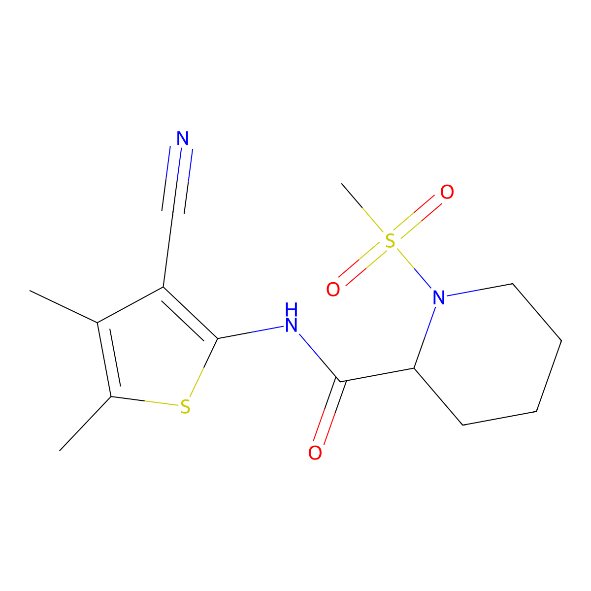 N-(3-cyano-4,5-dimethylthiophen-2-yl)-1-(methylsulfonyl)piperidine-2-carboxamide molecular structure, CAS 1222419-09-1