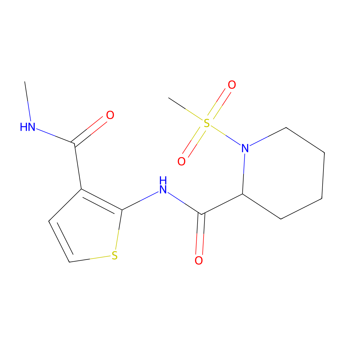 N-(3-(methylcarbamoyl)thiophen-2-yl)-1-(methylsulfonyl)piperidine-2-carboxamide molecular structure, CAS 1222466-16-1