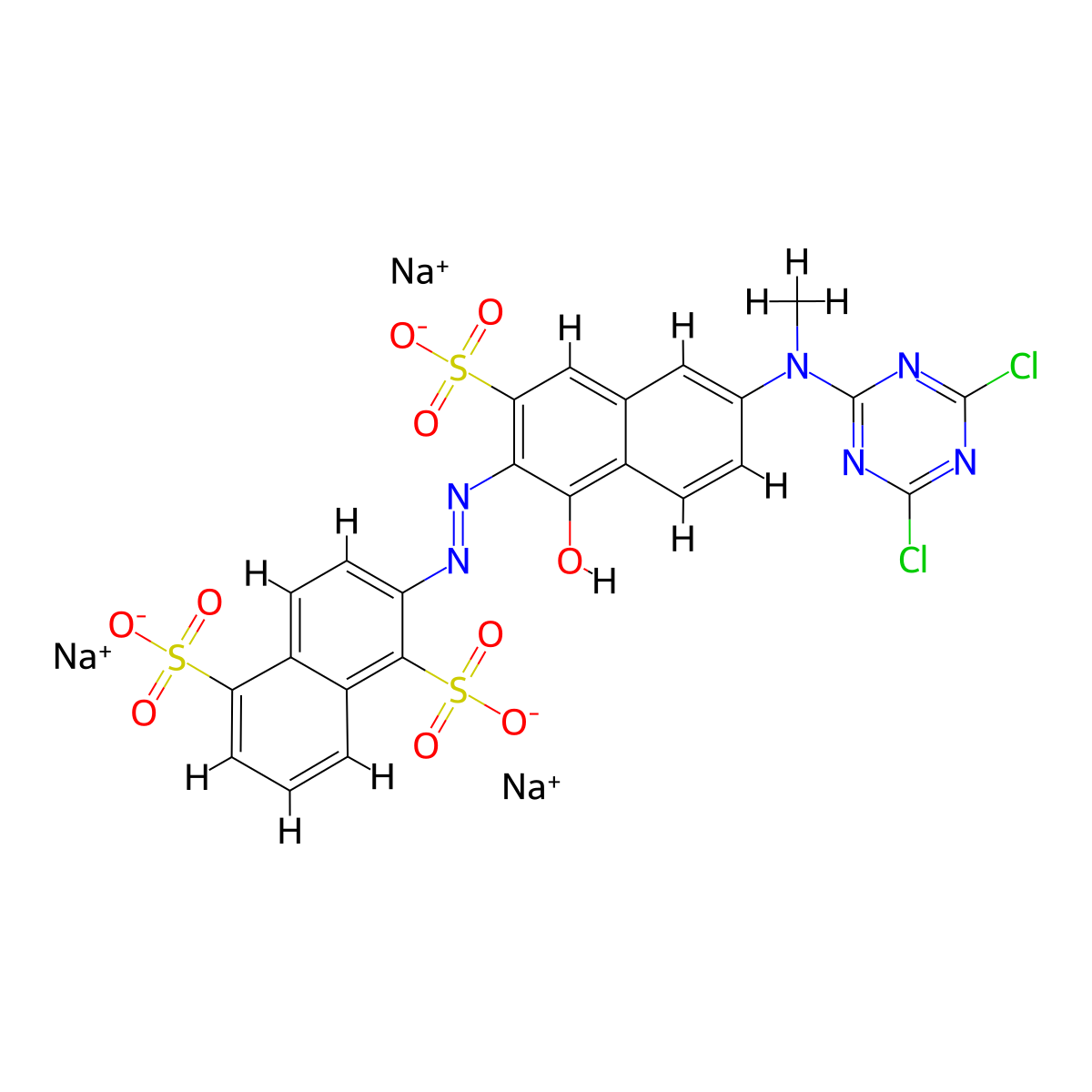 1,5-Naphthalenedisulfonic acid, 2-[2-[6-[(4,6-dichloro-1,3,5-triazin-2-yl)methylamino]-1-hydroxy-3-sulfo-2-naphthalenyl]diazenyl]-, sodium salt (1:3) molecular structure, CAS 12225-82-0