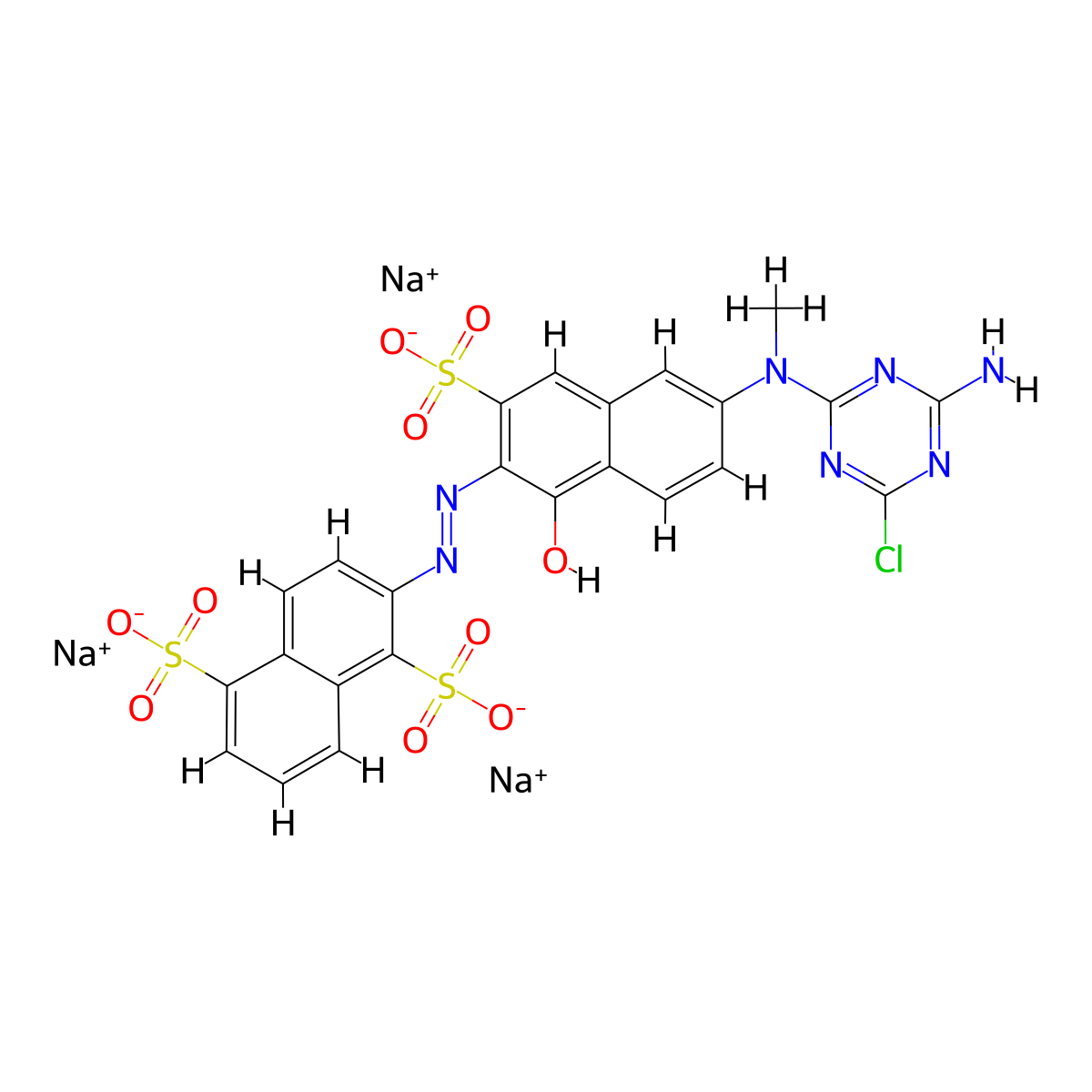 1,5-Naphthalenedisulfonic acid, 2-[2-[6-[(4-amino-6-chloro-1,3,5-triazin-2-yl)methylamino]-1-hydroxy-3-sulfo-2-naphthalenyl]diazenyl]-, sodium salt (1:3) molecular structure, CAS 12225-85-3