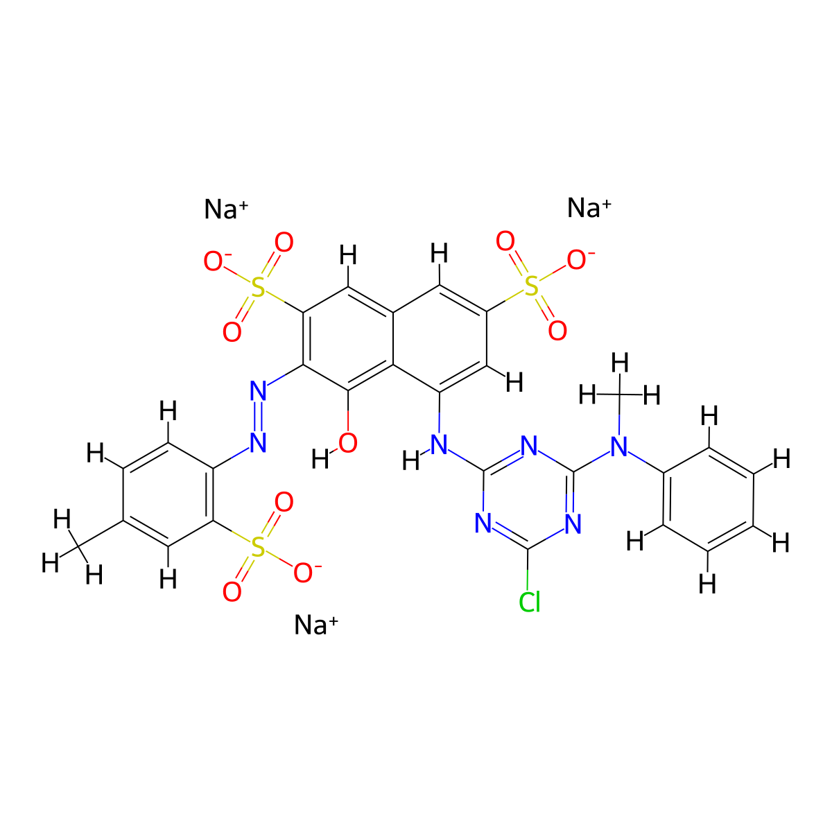 2,7-Naphthalenedisulfonic acid, 5-((4-chloro-6-(methylphenylamino)-1,3,5-triazin-2-yl)amino)-4-hydroxy-3-(2-(4-methyl-2-sulfophenyl)diazenyl)-, sodium salt (1:3) molecular structure, CAS 12226-22-1