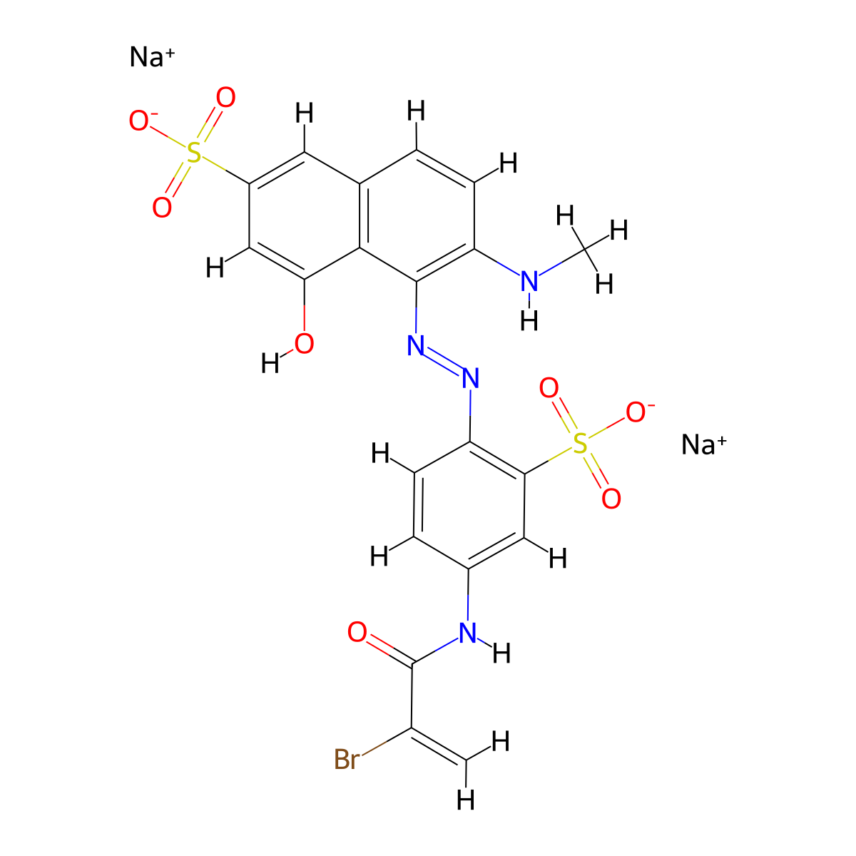 2-Naphthalenesulfonic acid, 5-[2-[4-[(2-bromo-1-oxo-2-propen-1-yl)amino]-2-sulfophenyl]diazenyl]-4-hydroxy-6-(methylamino)-, sodium salt (1:2) molecular structure, CAS 12226-33-4