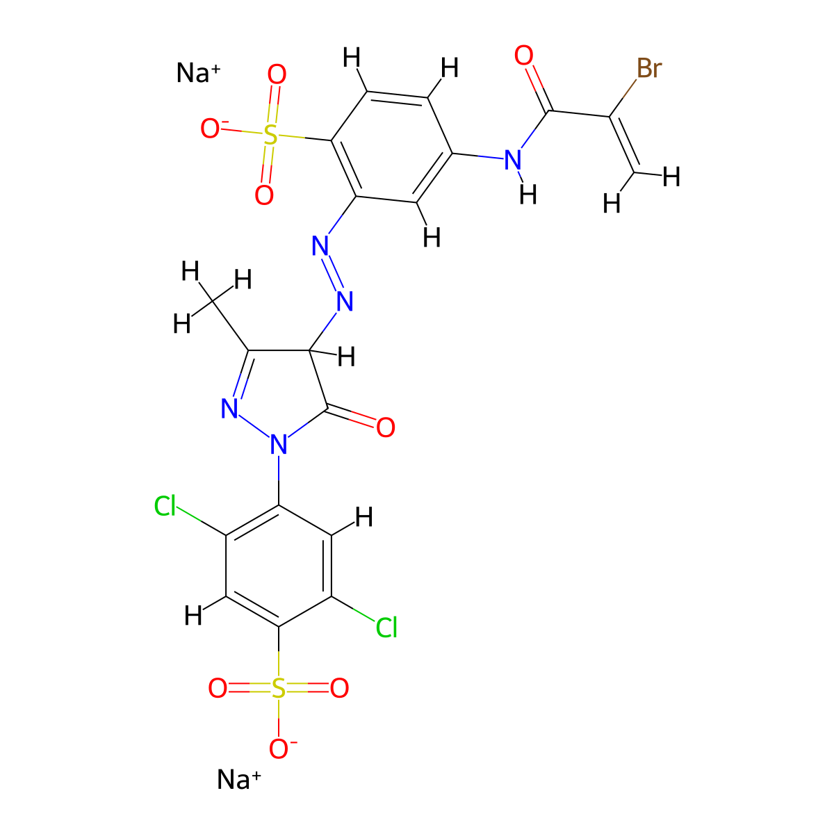 Benzenesulfonic acid, 4-[4-[2-[5-[(2-bromo-1-oxo-2-propen-1-yl)amino]-2-sulfophenyl]diazenyl]-4,5-dihydro-3-methyl-5-oxo-1H-pyrazol-1-yl]-2,5-dichloro-, sodium salt (1:2) molecular structure, CAS 12226-61-8