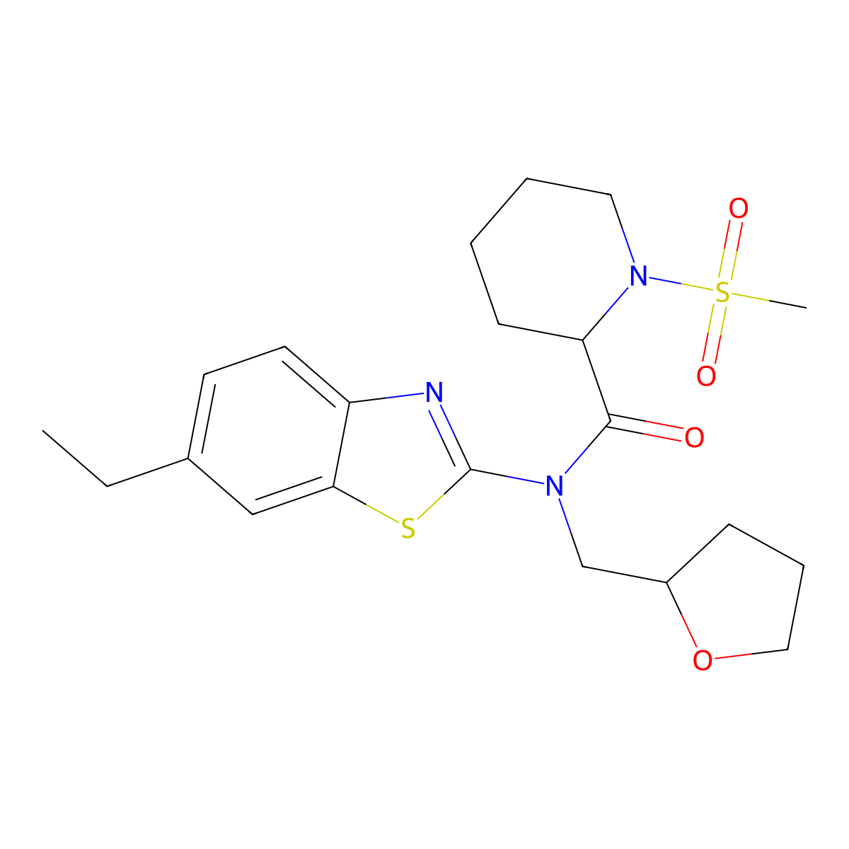 N-(6-ethylbenzo[d]thiazol-2-yl)-1-(methylsulfonyl)-N-((tetrahydrofuran-2-yl)methyl)piperidine-2-carboxamide molecular structure, CAS 1222628-33-2