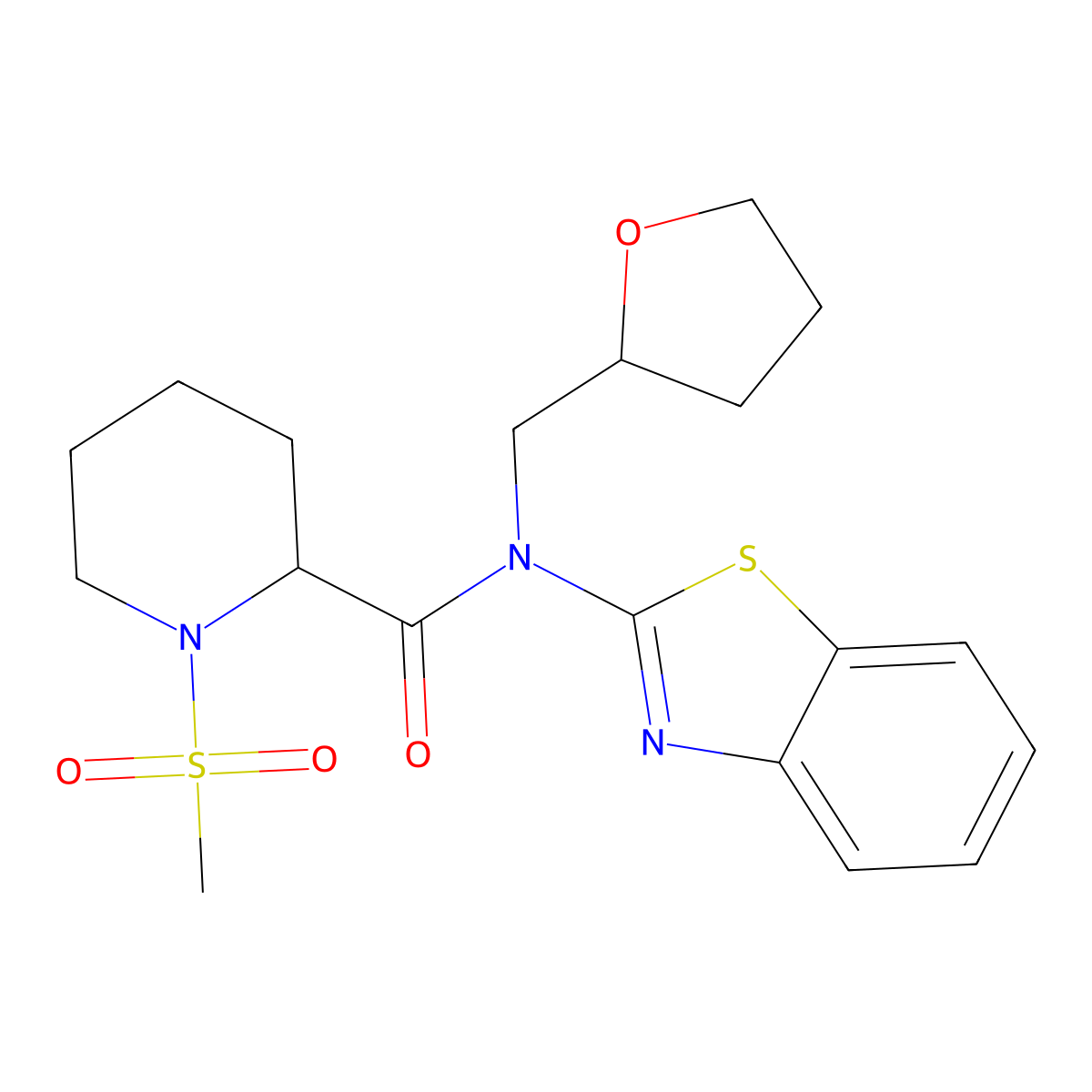 N-(benzo[d]thiazol-2-yl)-1-(methylsulfonyl)-N-((tetrahydrofuran-2-yl)methyl)piperidine-2-carboxamide molecular structure, CAS 1222667-32-4