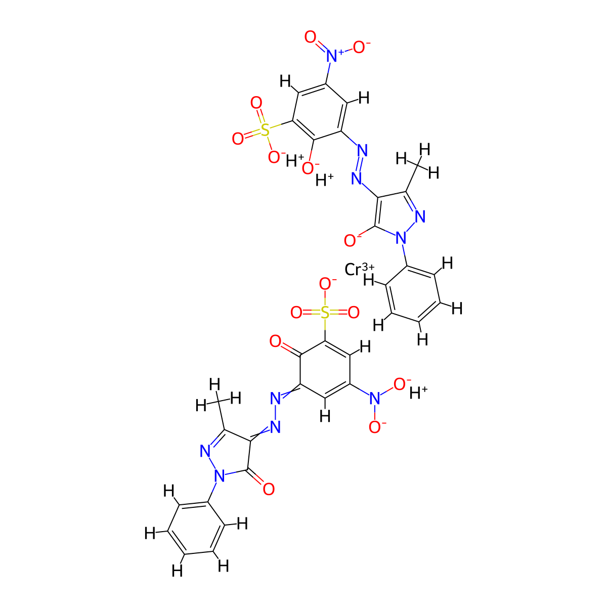 Trihydrogen bis[3-[(4,5-dihydro-3-methyl-5-oxo-1-phenyl-1H-pyrazol-4-yl)azo]-2-hydroxy-5-nitrobenzenesulphonato(3-)]chromate(3-) molecular structure, CAS 12227-68-8