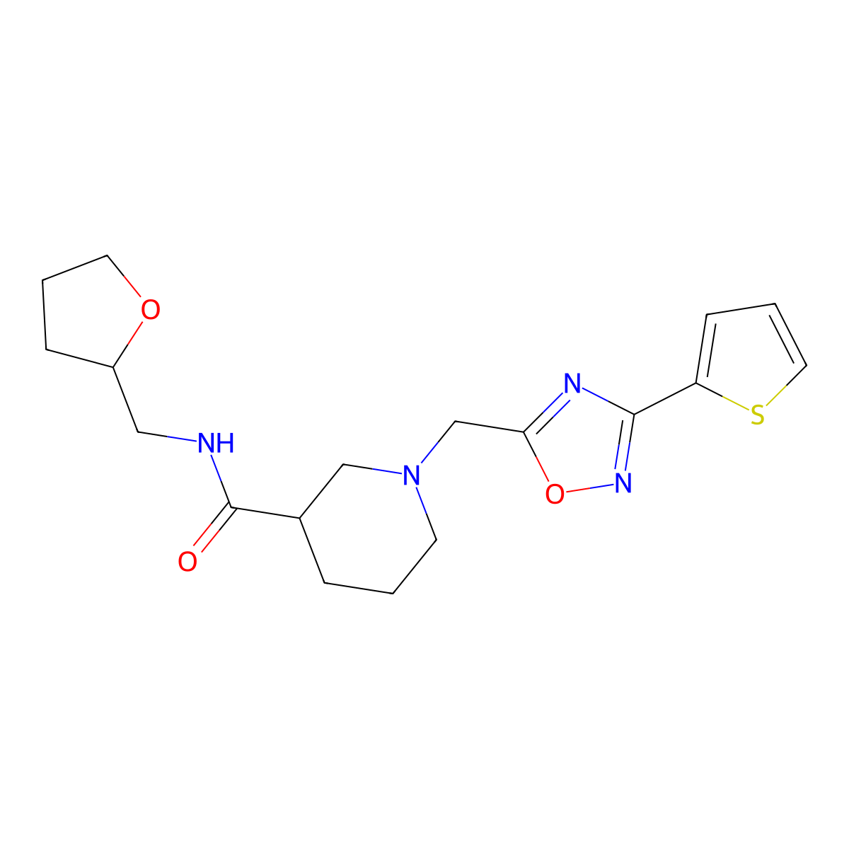 N-((tetrahydrofuran-2-yl)methyl)-1-((3-(thiophen-2-yl)-1,2,4-oxadiazol-5-yl)methyl)piperidine-3-carboxamide molecular structure, CAS 1222708-36-2