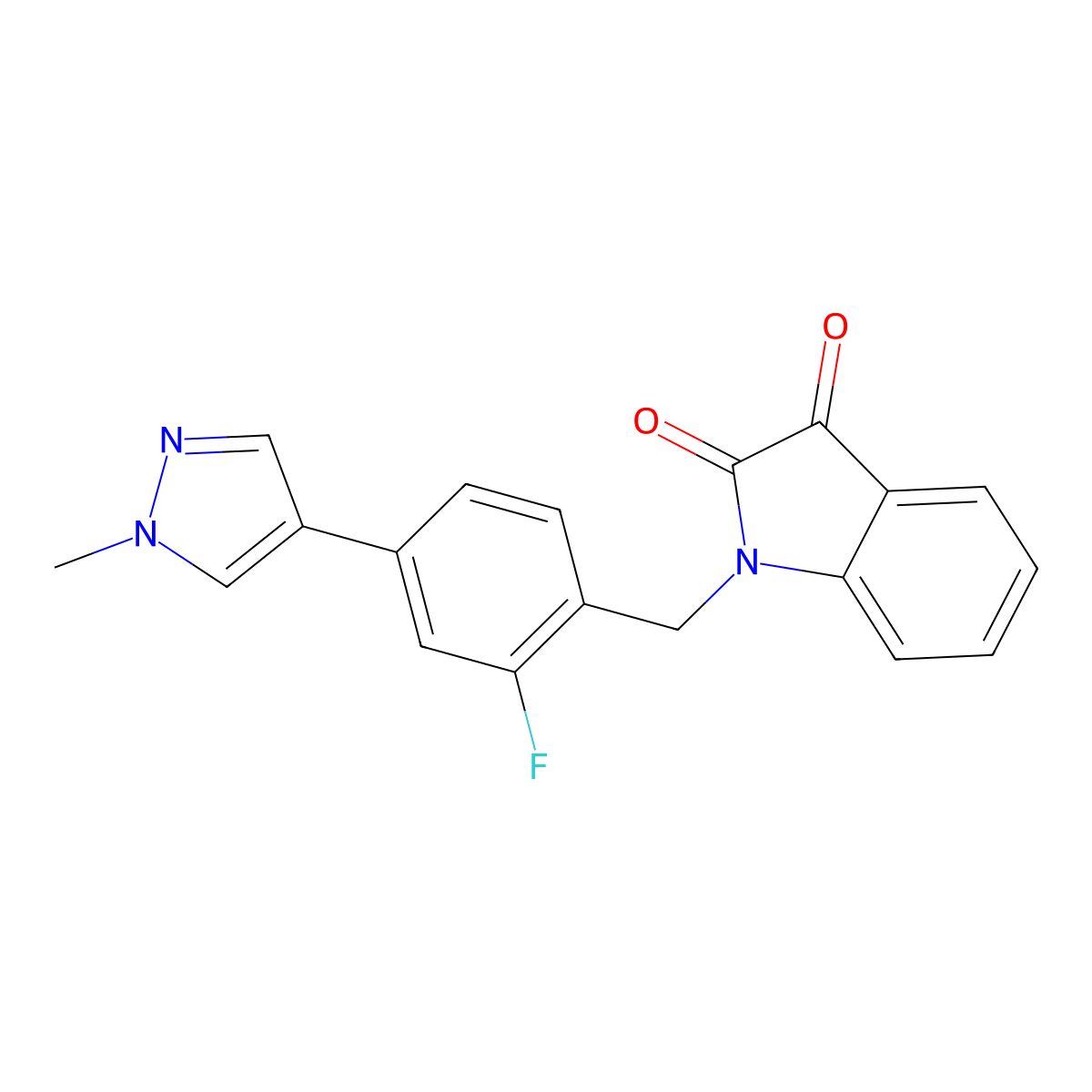1-(2-fluoro-4-(1-methyl-1H-pyrazol-4-yl)benzyl)indoline-2,3-dione molecular structure, CAS 1222834-53-8