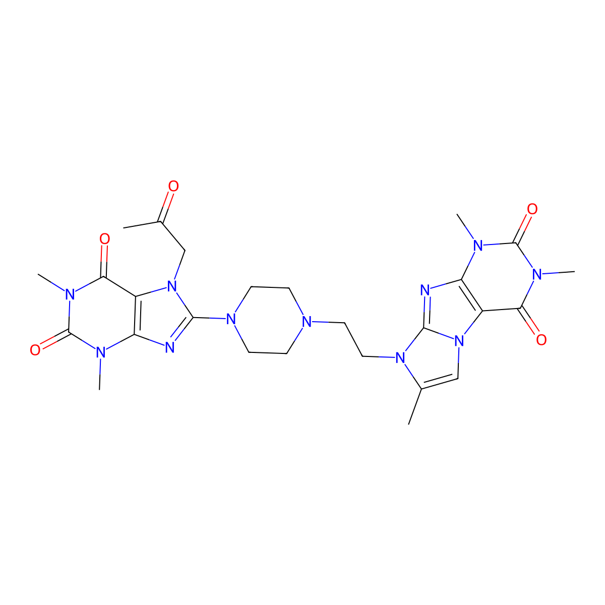 1,3-dimethyl-7-(2-oxopropyl)-8-[4-(2-{1,3,7-trimethyl-2,4-dioxo-1H,2H,3H,4H,8H-imidazo[1,2-g]purin-8-yl}ethyl)piperazin-1-yl]-2,3,6,7-tetrahydro-1H-purine-2,6-dione molecular structure, CAS 1222985-37-6
