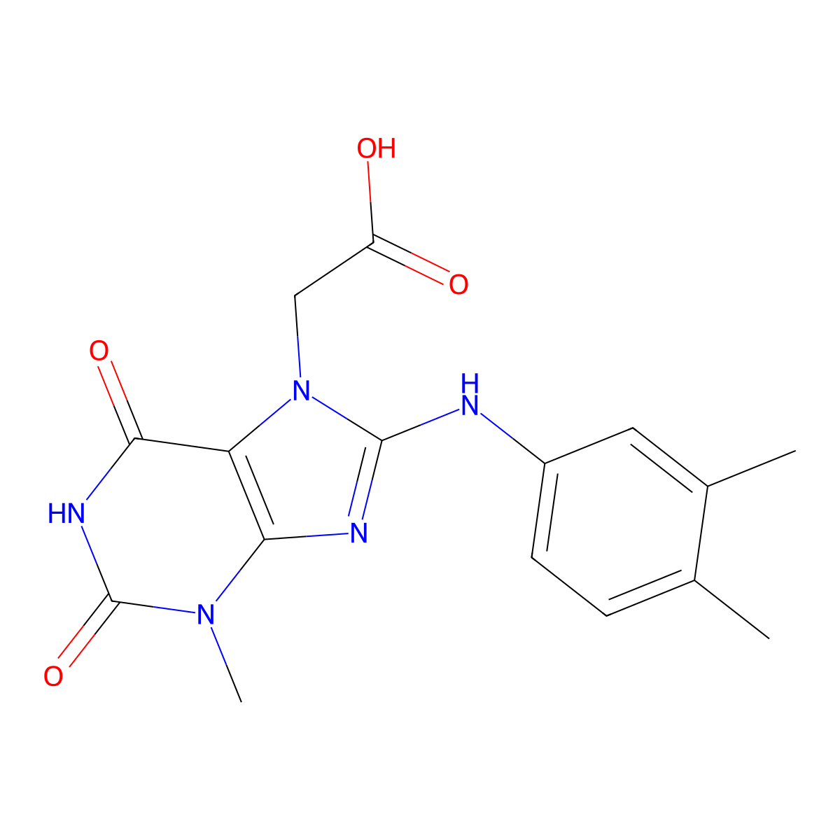 2-{8-[(3,4-dimethylphenyl)amino]-3-methyl-2,6-dioxo-2,3,6,7-tetrahydro-1H-purin-7-yl}acetic acid molecular structure, CAS 1222999-75-8
