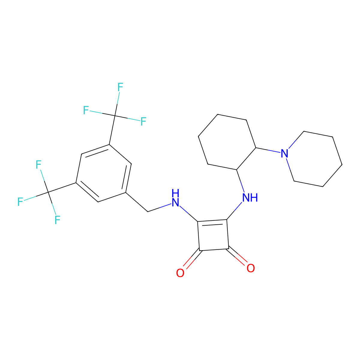3-((3,5-Bis(trifluoromethyl)benzyl)amino)-4-(((1R,2R)-2-(piperidin-1-yl)cyclohexyl)amino)cyclobut-3-ene-1,2-dione molecular structure, CAS 1223105-93-8