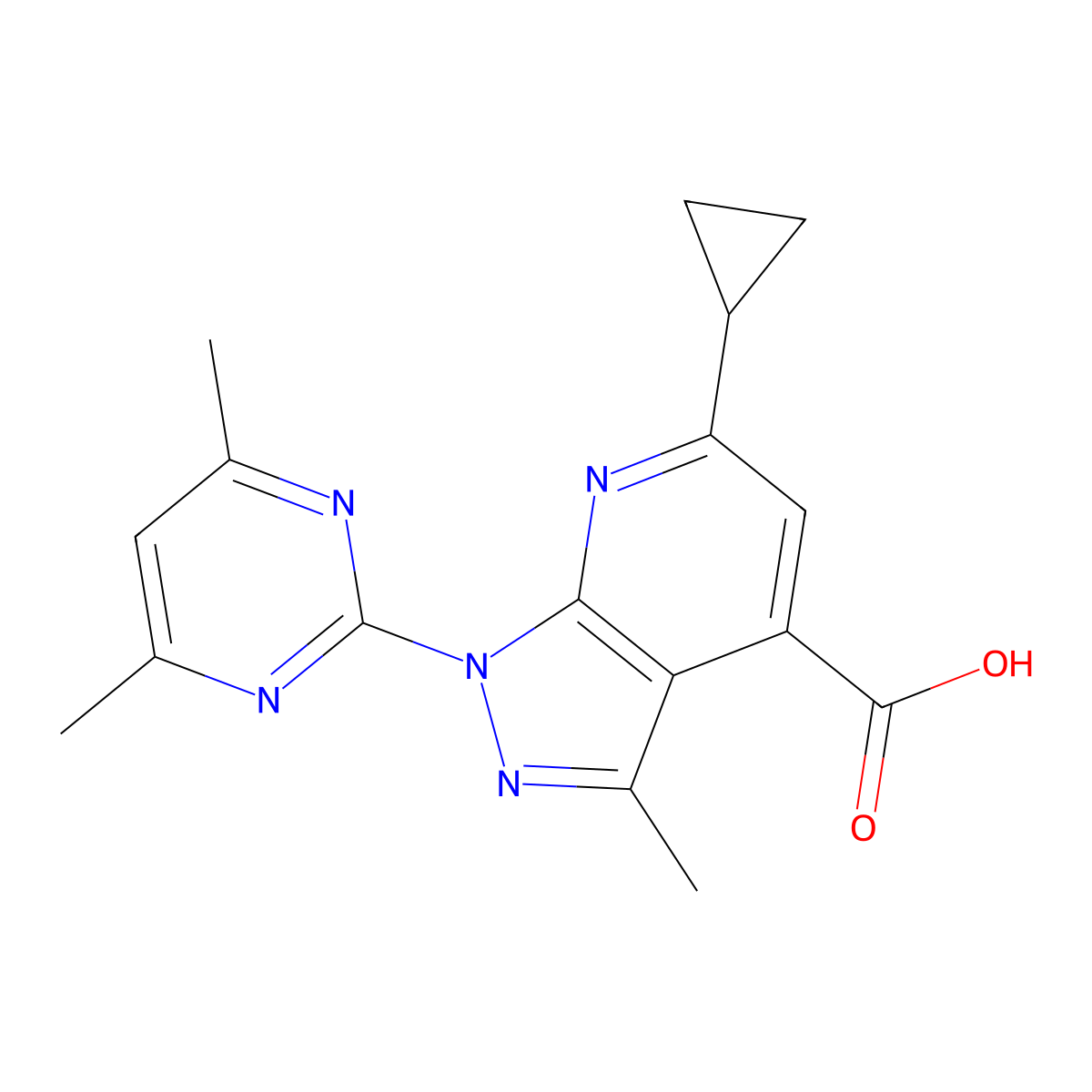 6-cyclopropyl-1-(4,6-dimethylpyrimidin-2-yl)-3-methyl-1H-pyrazolo[3,4-b]pyridine-4-carboxylic acid molecular structure, CAS 1223386-87-5