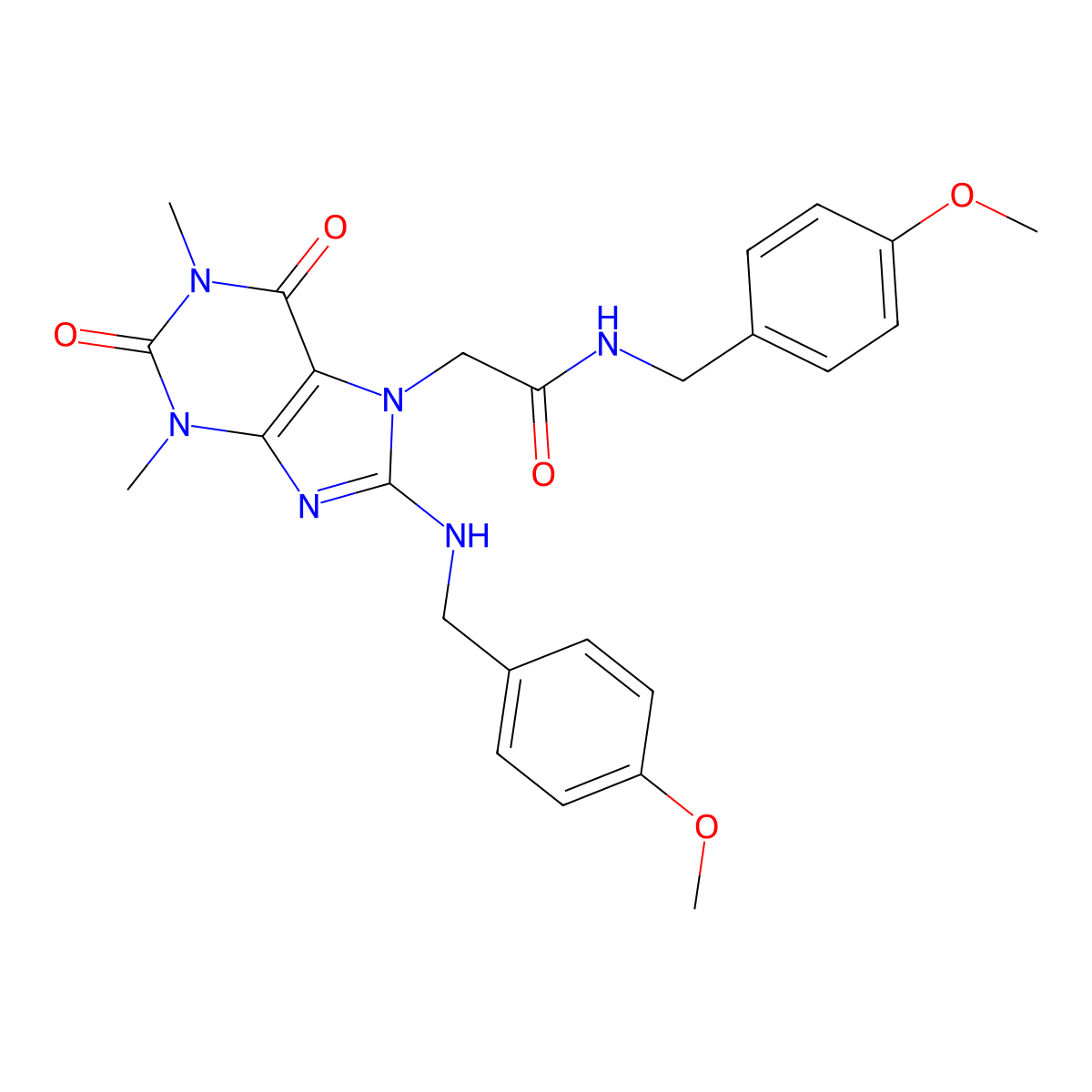 N-[(4-methoxyphenyl)methyl]-2-(8-{[(4-methoxyphenyl)methyl]amino}-1,3-dimethyl-2,6-dioxo-2,3,6,7-tetrahydro-1H-purin-7-yl)acetamide molecular structure, CAS 1223441-03-9