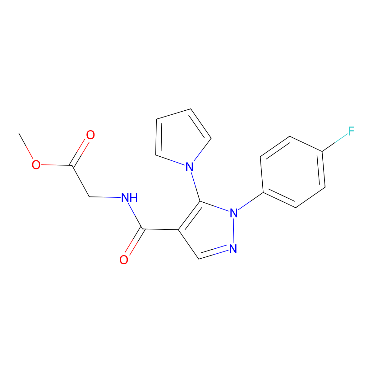 methyl 2-{[1-(4-fluorophenyl)-5-(1H-pyrrol-1-yl)-1H-pyrazol-4-yl]formamido}acetate molecular structure, CAS 1223521-63-8
