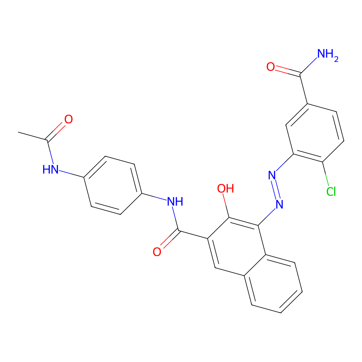 2-Naphthalenecarboxamide, N-[4-(acetylamino)phenyl]-4-[2-[5-(aminocarbonyl)-2-chlorophenyl]diazenyl]-3-hydroxy- molecular structure, CAS 12236-64-5