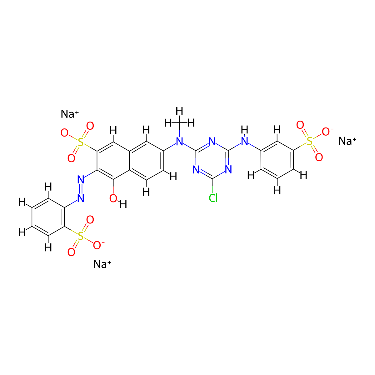 2-Naphthalenesulfonic acid, 7-[[4-chloro-6-[(3-sulfophenyl)amino]-1,3,5-triazin-2-yl]methylamino]-4-hydroxy-3-[2-(2-sulfophenyl)diazenyl]-, sodium salt (1:3) molecular structure, CAS 12237-97-7