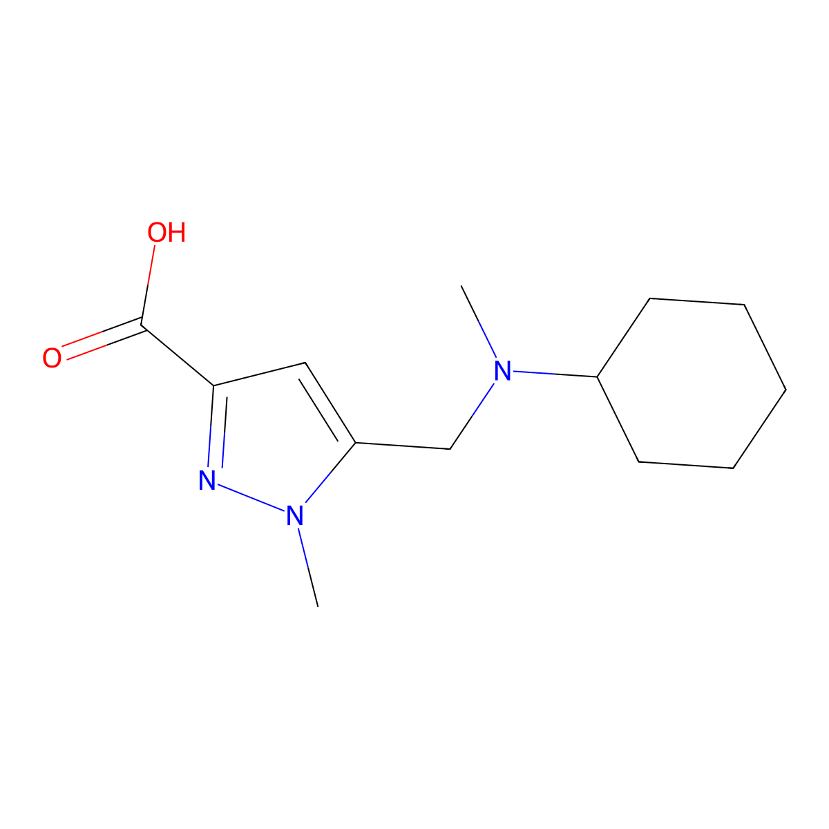5-((cyclohexyl(methyl)amino)methyl)-1-methyl-1H-pyrazole-3-carboxylic acid molecular structure, CAS 1223748-31-9