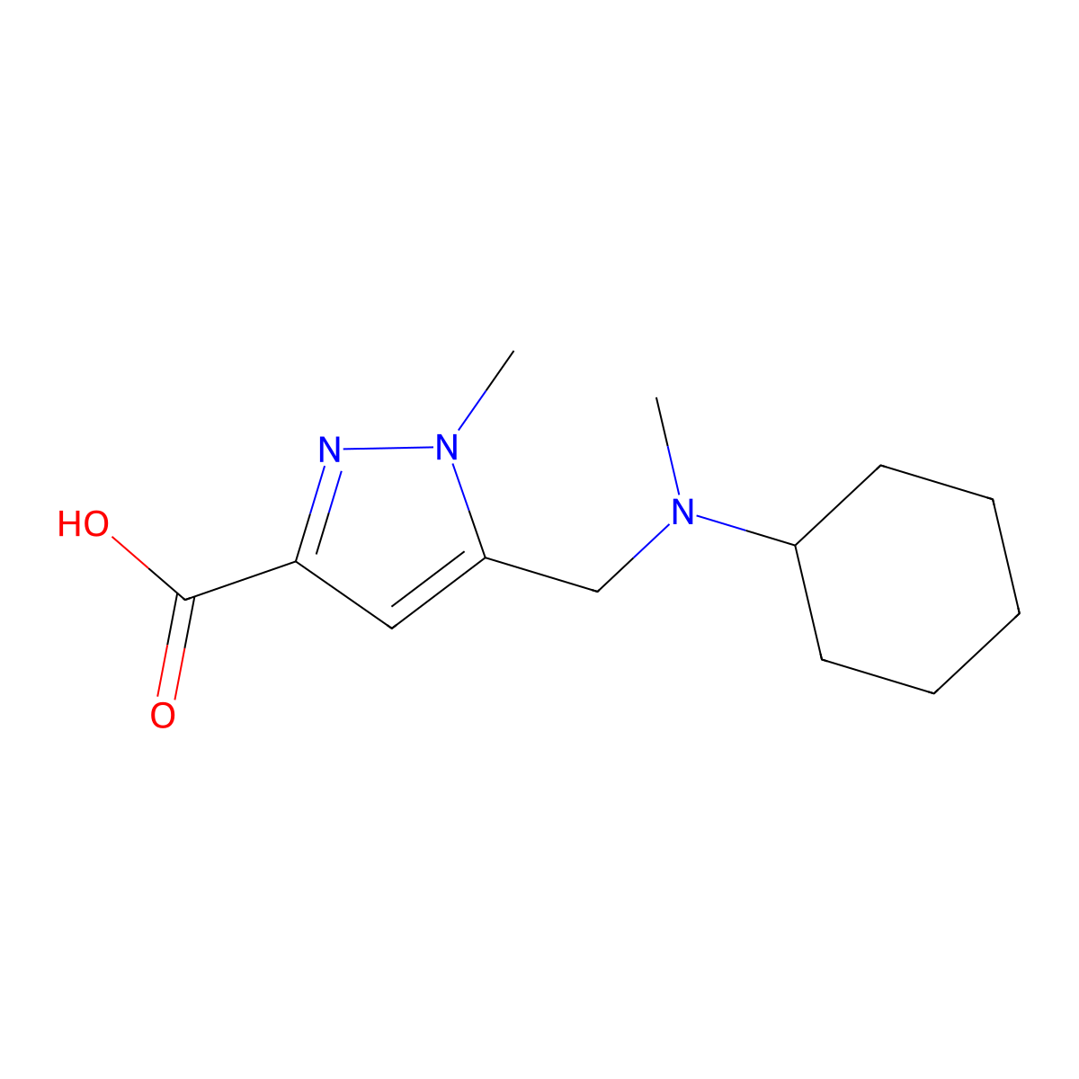 5-((cyclohexyl(methyl)amino)methyl)-1-methyl-1H-pyrazole-3-carboxylic acid molecular structure, CAS 1223748-31-9