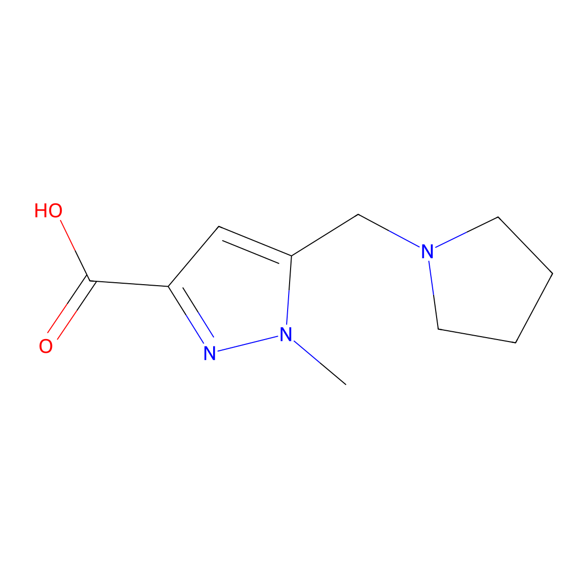 1-methyl-5-(pyrrolidin-1-ylmethyl)-1H-pyrazole-3-carboxylic acid molecular structure, CAS 1223748-34-2