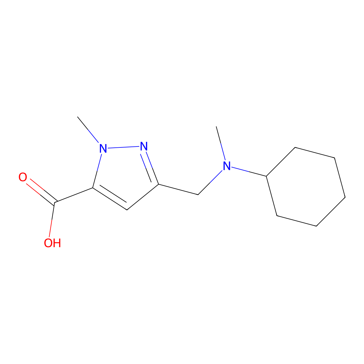 3-((cyclohexyl(methyl)amino)methyl)-1-methyl-1H-pyrazole-5-carboxylic acid molecular structure, CAS 1223748-43-3