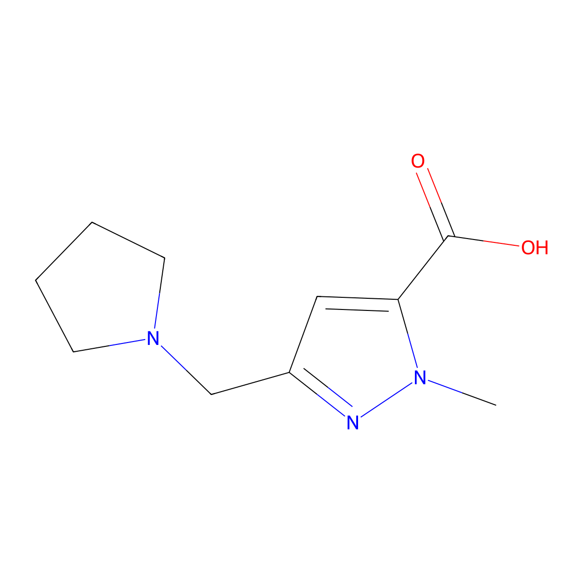 1-methyl-3-(pyrrolidin-1-ylmethyl)-1H-pyrazole-5-carboxylic acid molecular structure, CAS 1223748-46-6