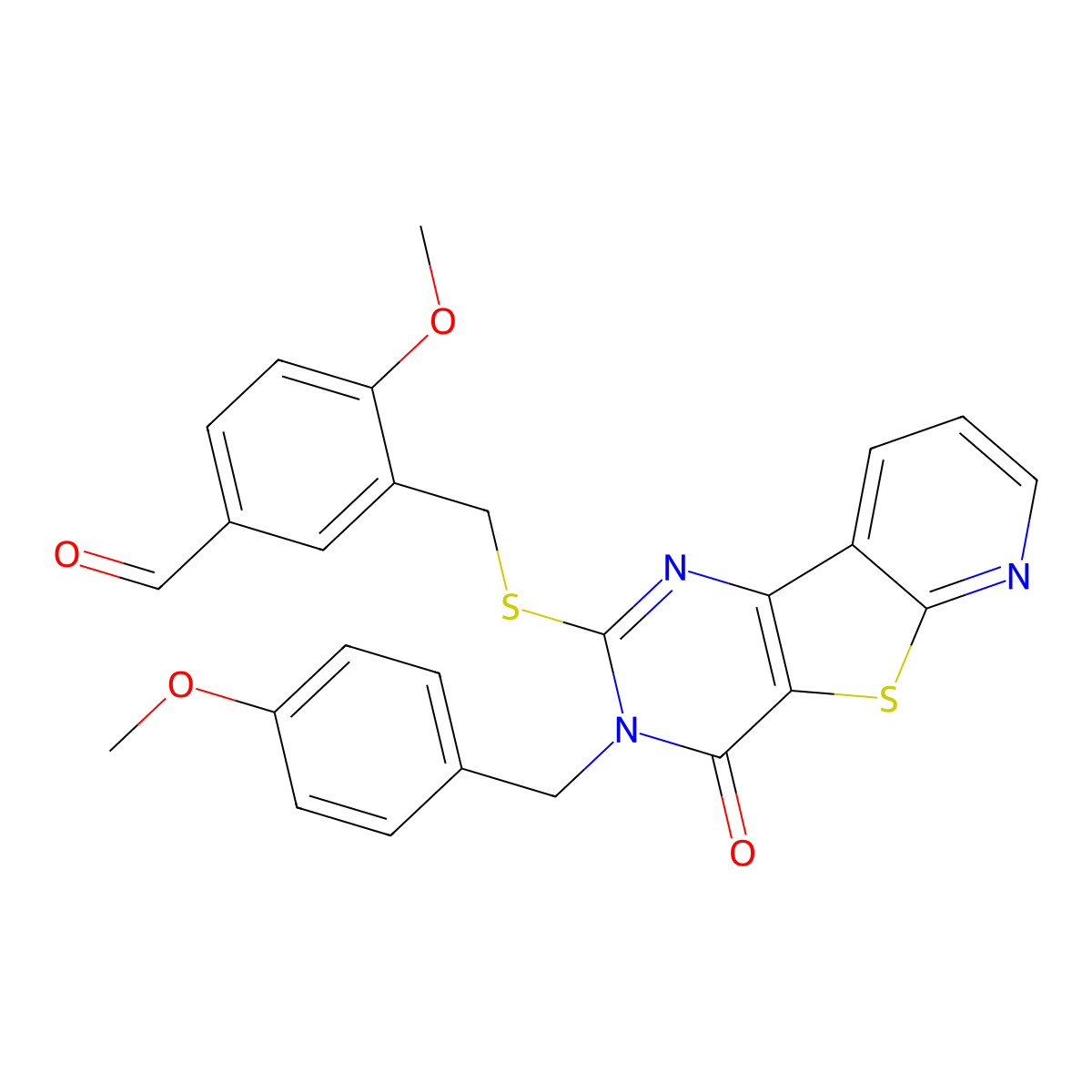 4-Methoxy-3-(((3-(4-methoxybenzyl)-4-oxo-3,4-dihydropyrido[3',2':4,5]thieno[3,2-d]pyrimidin-2-yl)thio)methyl)benzaldehyde molecular structure, CAS 1223754-99-1