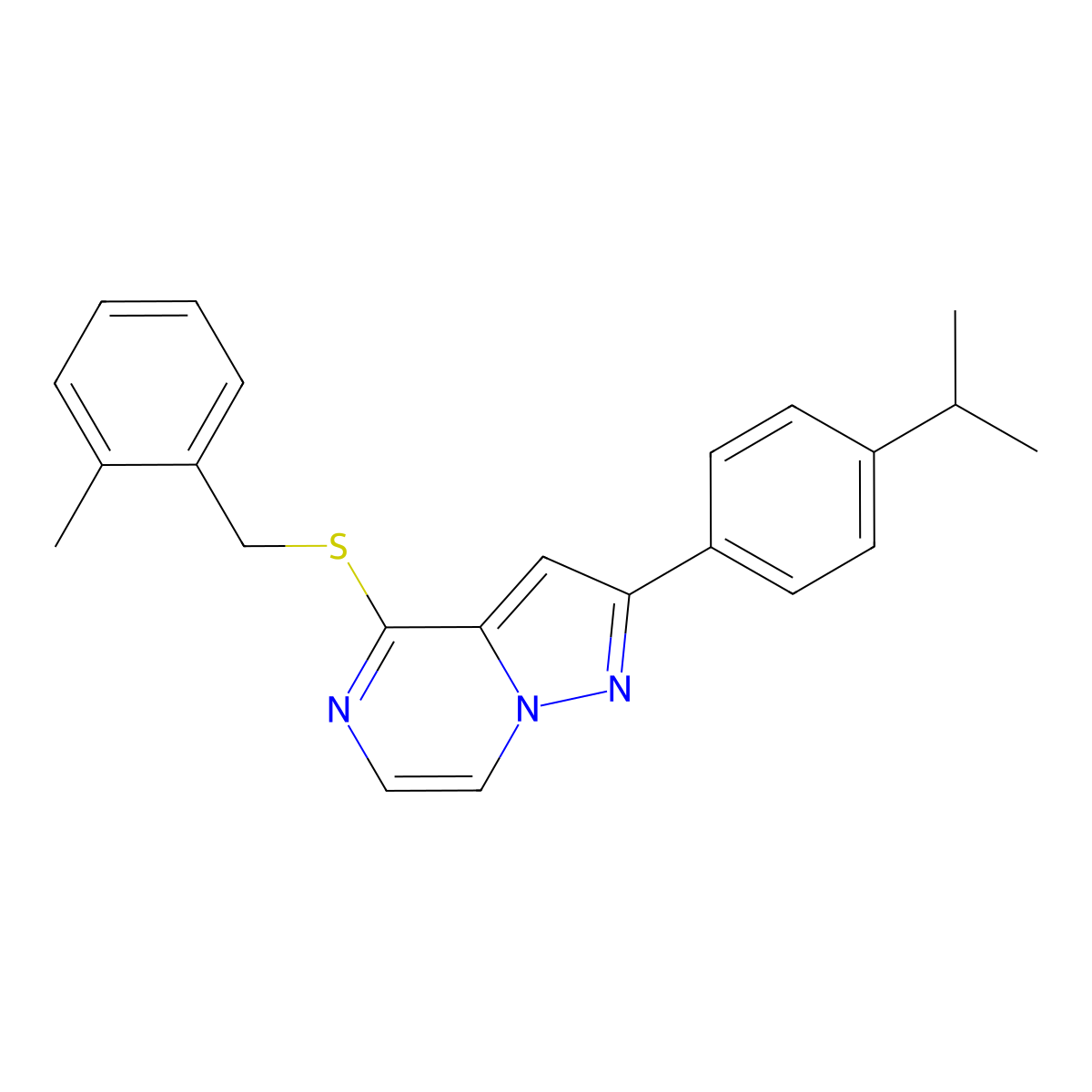 4-{[(2-Methylphenyl)methyl]sulfanyl}-2-[4-(propan-2-yl)phenyl]pyrazolo[1,5-a]pyrazine molecular structure, CAS 1223755-18-7