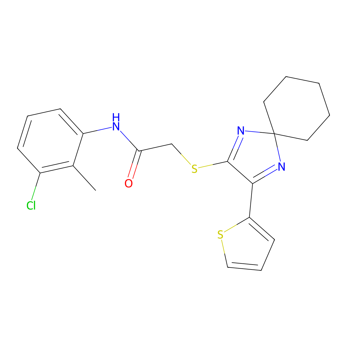 N-(3-chloro-2-methylphenyl)-2-((3-(thiophen-2-yl)-1,4-diazaspiro[4.5]deca-1,3-dien-2-yl)thio)acetamide molecular structure, CAS 1223755-73-4