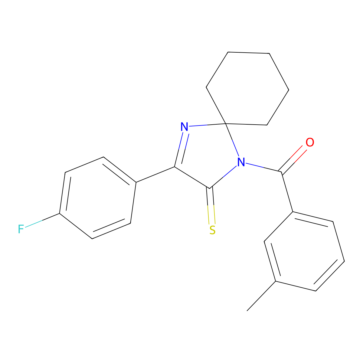 3-(4-Fluorophenyl)-1-(3-methylbenzoyl)-1,4-diazaspiro[4.5]dec-3-ene-2-thione molecular structure, CAS 1223756-70-4