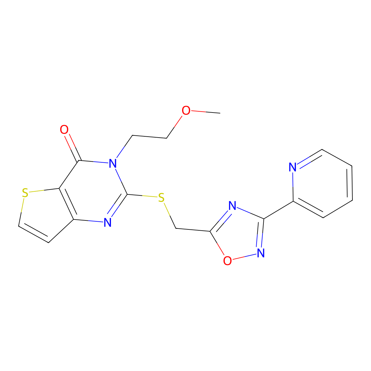 3-(2-methoxyethyl)-2-({[3-(pyridin-2-yl)-1,2,4-oxadiazol-5-yl]methyl}sulfanyl)-3H,4H-thieno[3,2-d]pyrimidin-4-one molecular structure, CAS 1223757-87-6