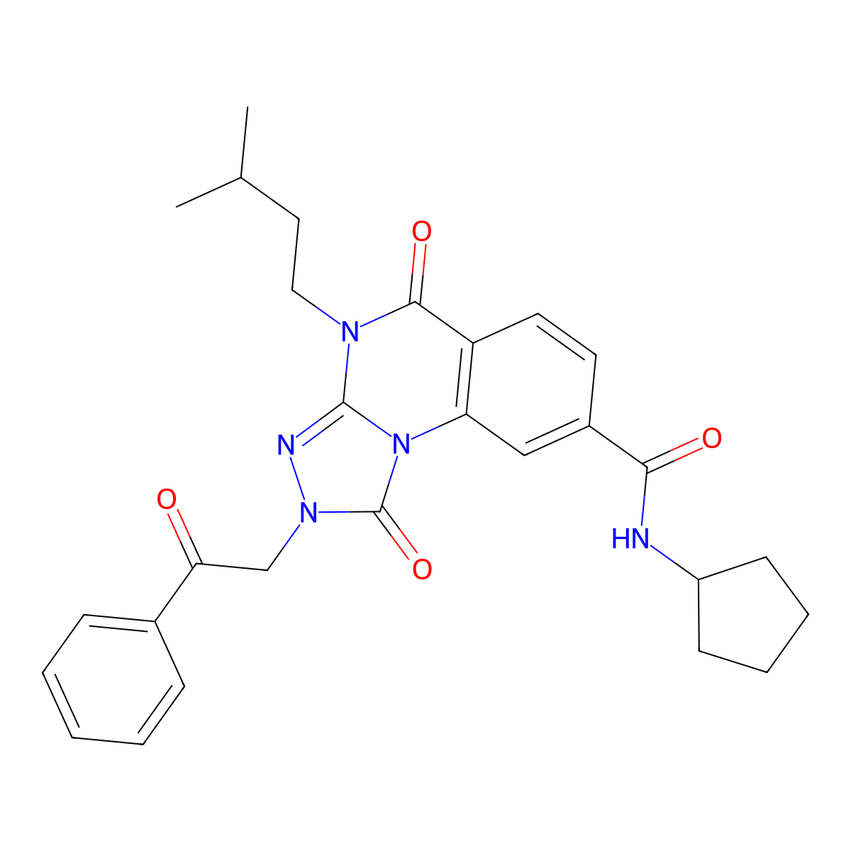 N-cyclopentyl-4-(3-methylbutyl)-1,5-dioxo-2-(2-oxo-2-phenylethyl)-1,2,4,5-tetrahydro[1,2,4]triazolo[4,3-a]quinazoline-8-carboxamide molecular structure, CAS 1223759-04-3
