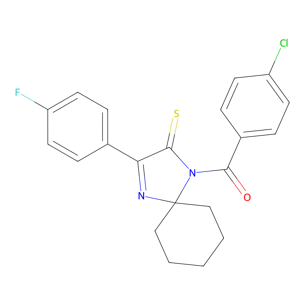 1-(4-Chlorobenzoyl)-3-(4-fluorophenyl)-1,4-diazaspiro[4.5]dec-3-ene-2-thione molecular structure, CAS 1223759-33-8