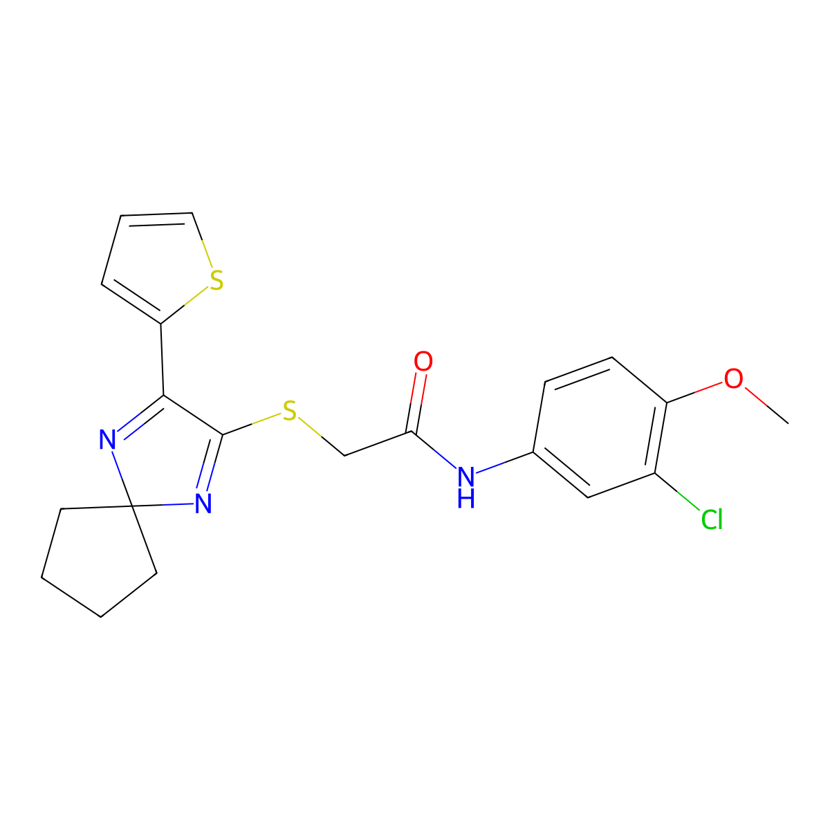 N-(3-chloro-4-methoxyphenyl)-2-((3-(thiophen-2-yl)-1,4-diazaspiro[4.4]nona-1,3-dien-2-yl)thio)acetamide molecular structure, CAS 1223761-07-6