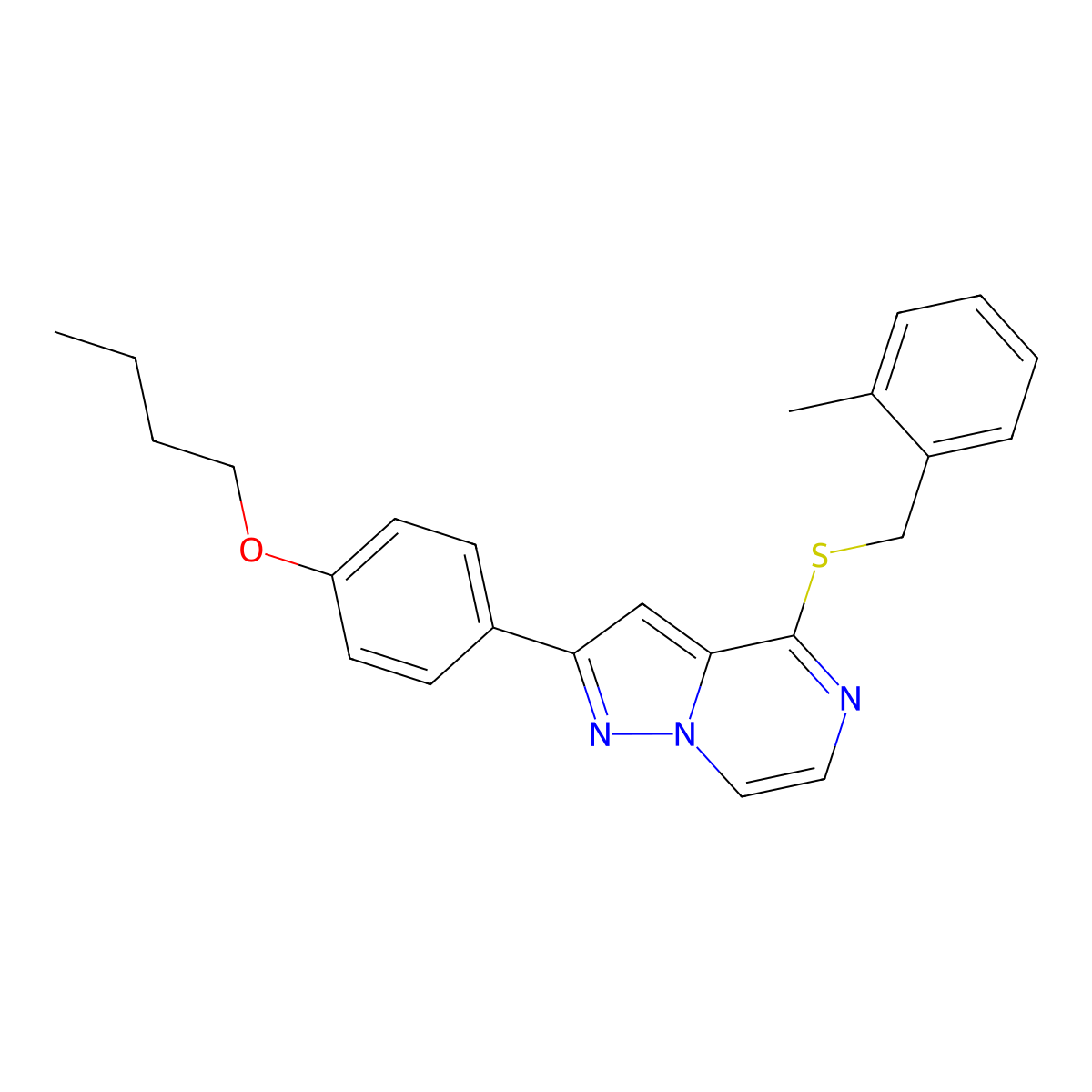 2-(4-Butoxyphenyl)-4-[(2-methylbenzyl)thio]pyrazolo[1,5-a]pyrazine molecular structure, CAS 1223762-68-2