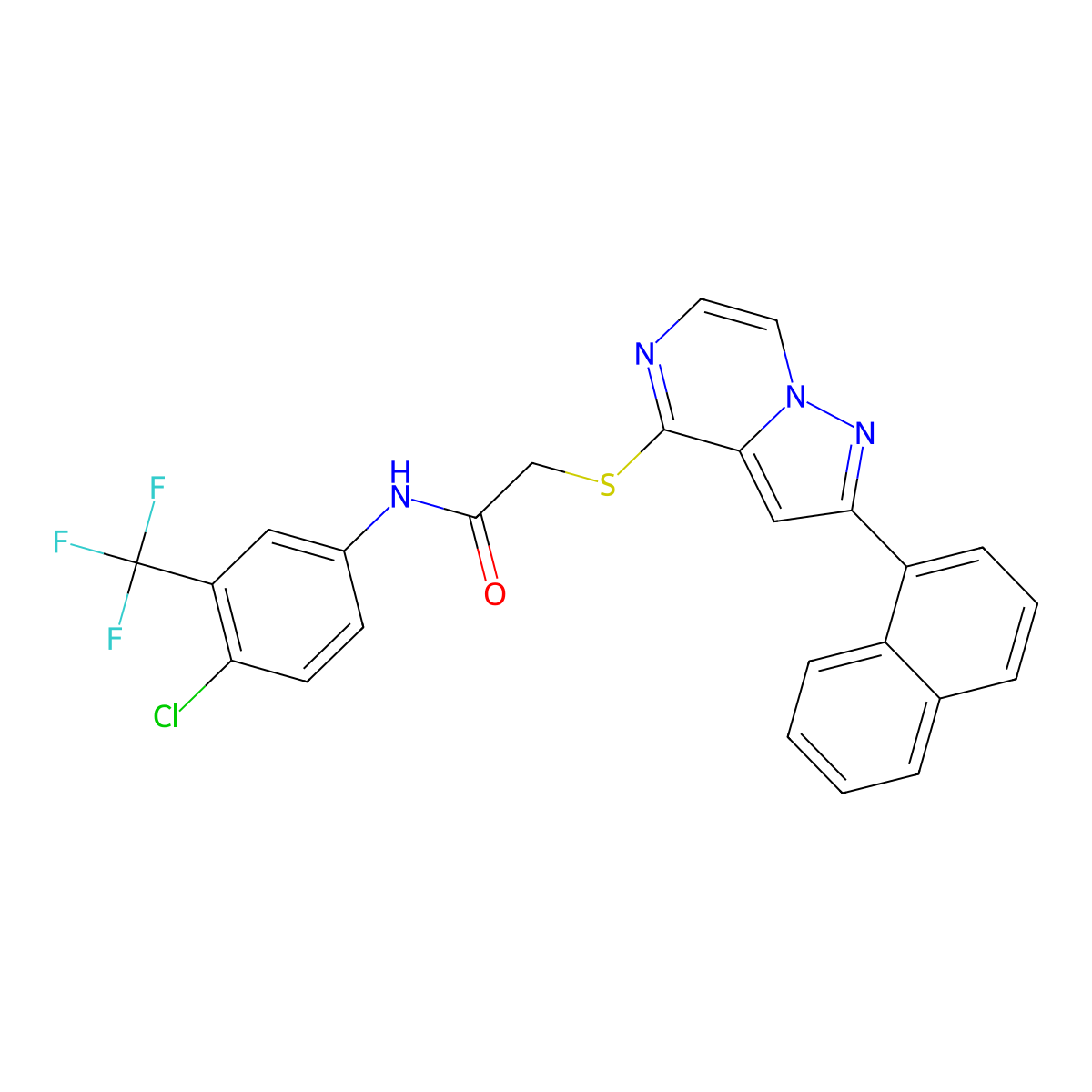 N-[4-Chloro-3-(trifluoromethyl)phenyl]-2-{[2-(naphthalen-1-YL)pyrazolo[1,5-A]pyrazin-4-YL]sulfanyl}acetamide molecular structure, CAS 1223764-27-9
