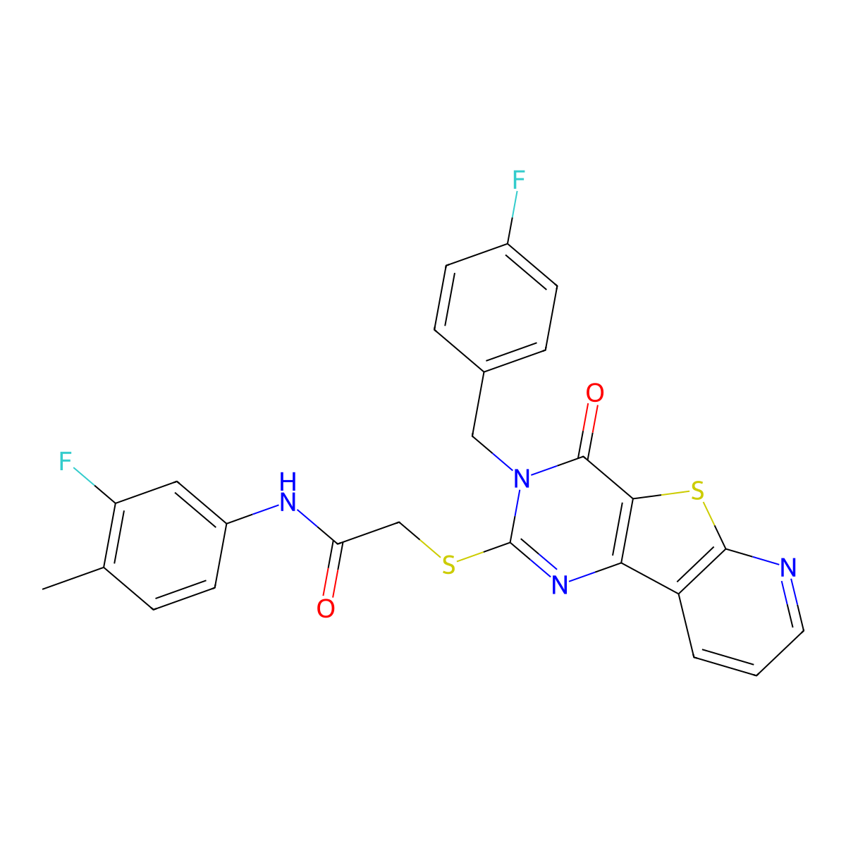 N-(3-fluoro-4-methylphenyl)-2-({5-[(4-fluorophenyl)methyl]-6-oxo-8-thia-3,5,10-triazatricyclo[7.4.0.0^{2,7}]trideca-1(9),2(7),3,10,12-pentaen-4-yl}sulfanyl)acetamide molecular structure, CAS 1223766-43-5