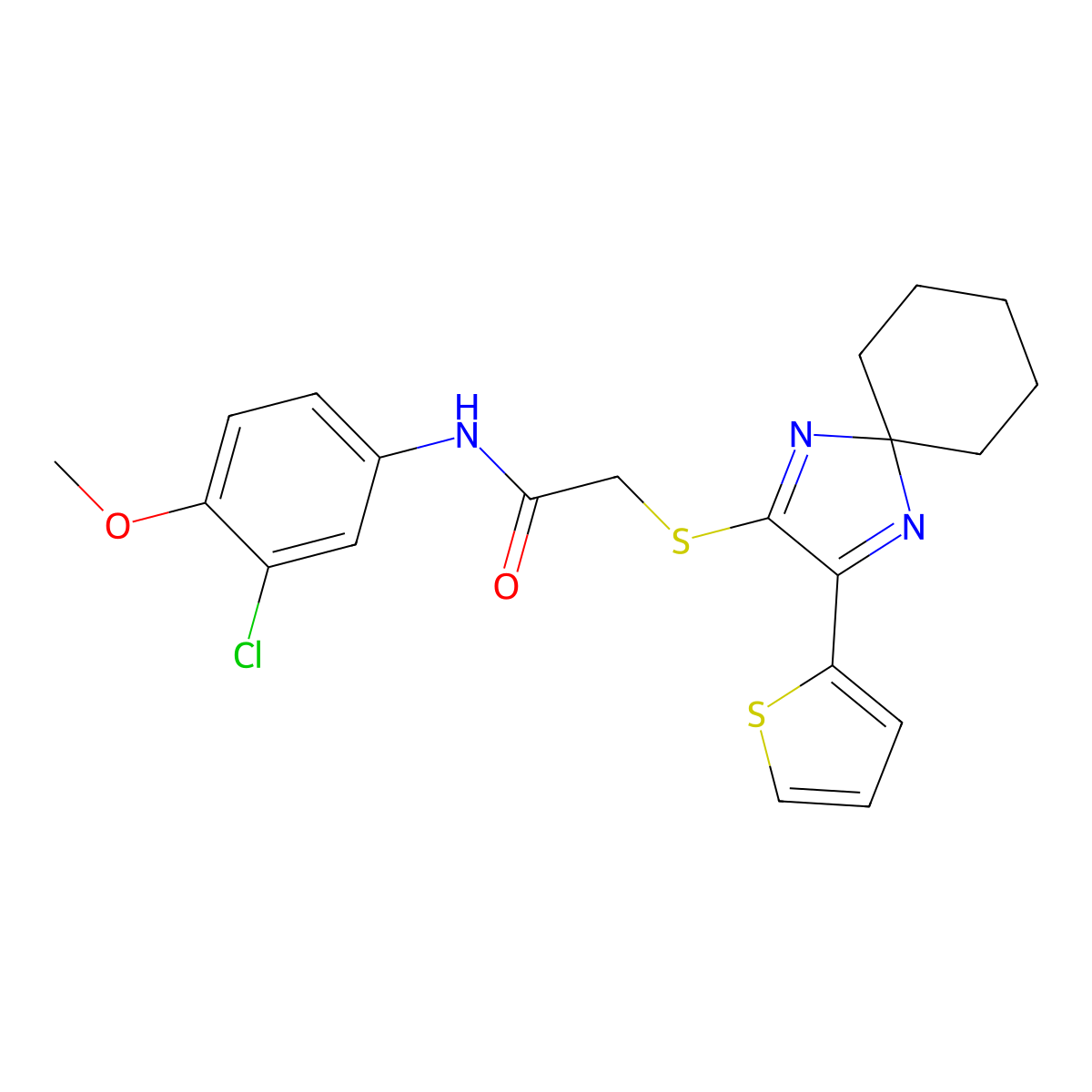 N-(3-chloro-4-methoxyphenyl)-2-((3-(thiophen-2-yl)-1,4-diazaspiro[4.5]deca-1,3-dien-2-yl)thio)acetamide molecular structure, CAS 1223766-59-3
