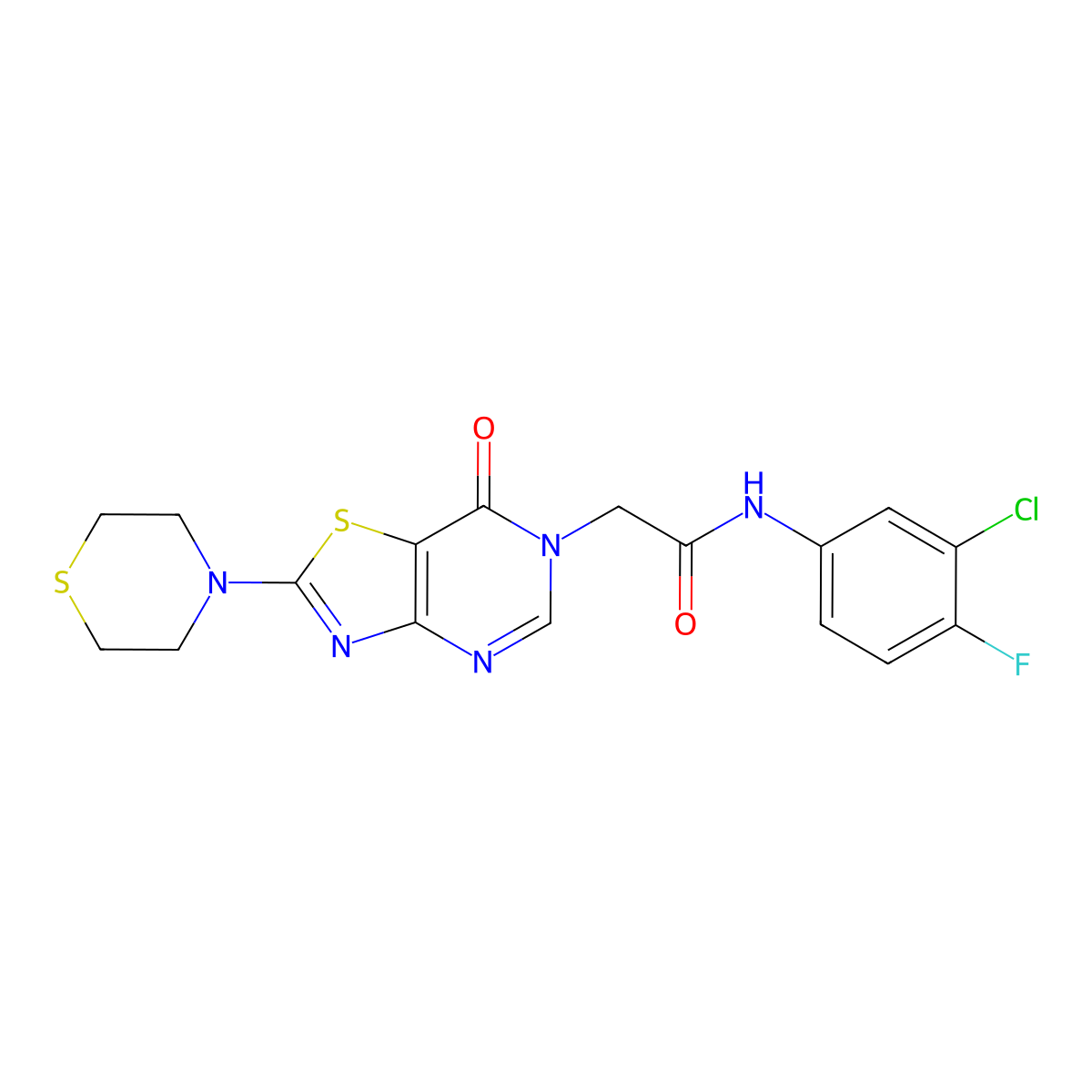 N-(3-chloro-4-fluorophenyl)-2-(7-oxo-2-thiomorpholinothiazolo[4,5-d]pyrimidin-6(7H)-yl)acetamide molecular structure, CAS 1223767-97-2
