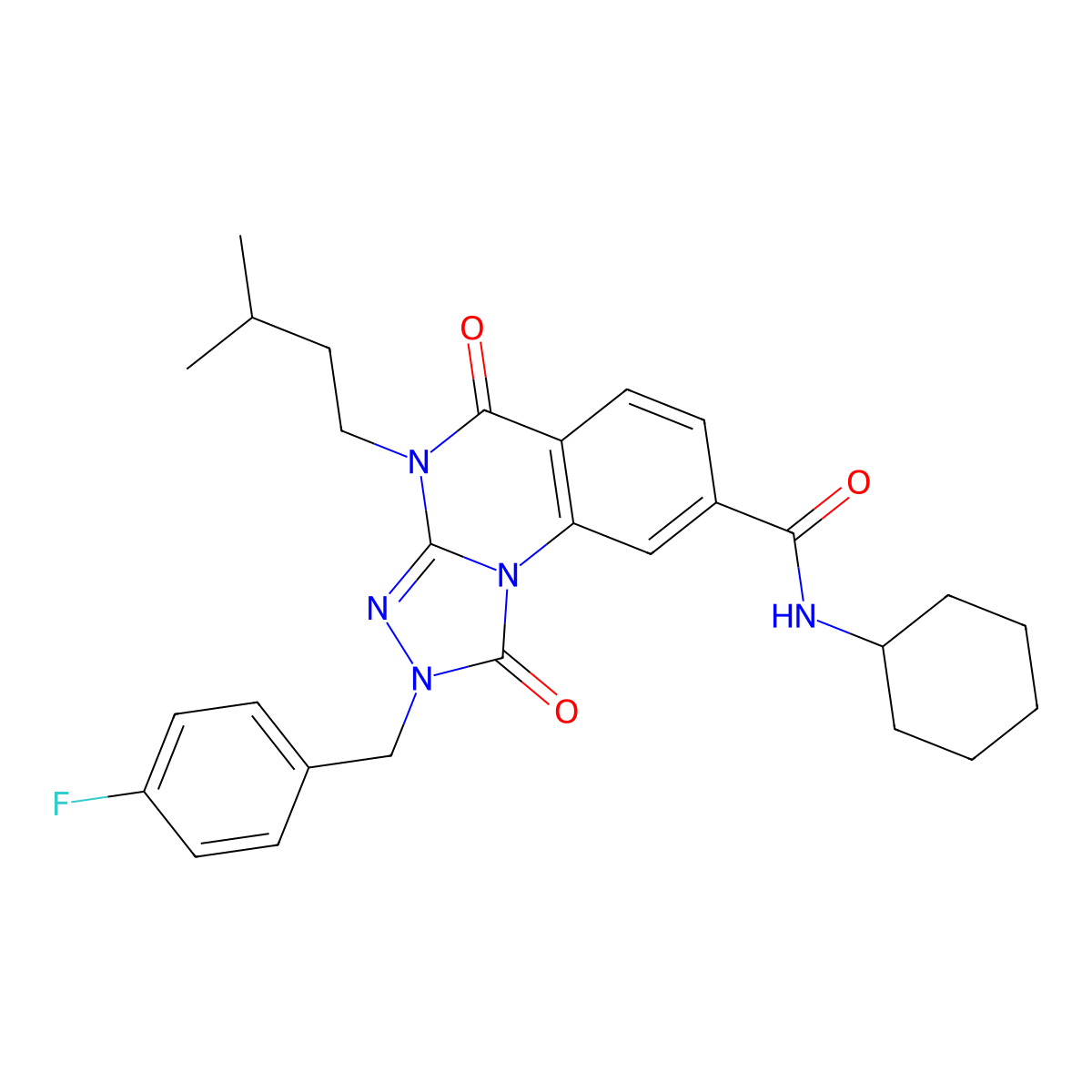 N-cyclohexyl-2-(4-fluorobenzyl)-4-(3-methylbutyl)-1,5-dioxo-1,2,4,5-tetrahydro[1,2,4]triazolo[4,3-a]quinazoline-8-carboxamide molecular structure, CAS 1223768-32-8