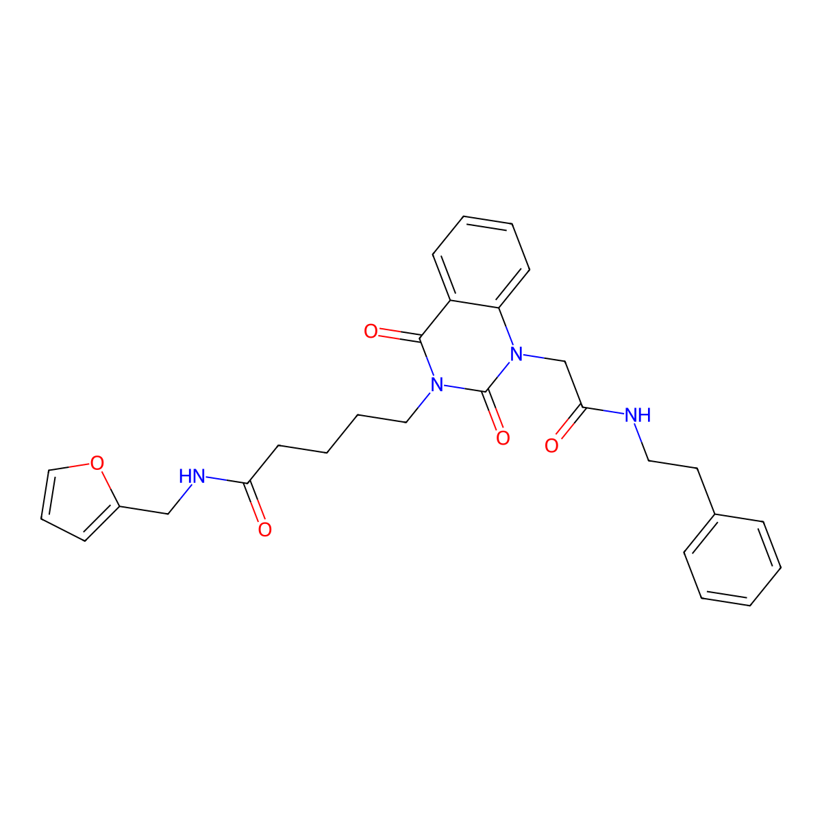 5-(2,4-dioxo-1-(2-oxo-2-(phenethylamino)ethyl)-1,2-dihydroquinazolin-3(4H)-yl)-N-(furan-2-ylmethyl)pentanamide molecular structure, CAS 1223771-30-9